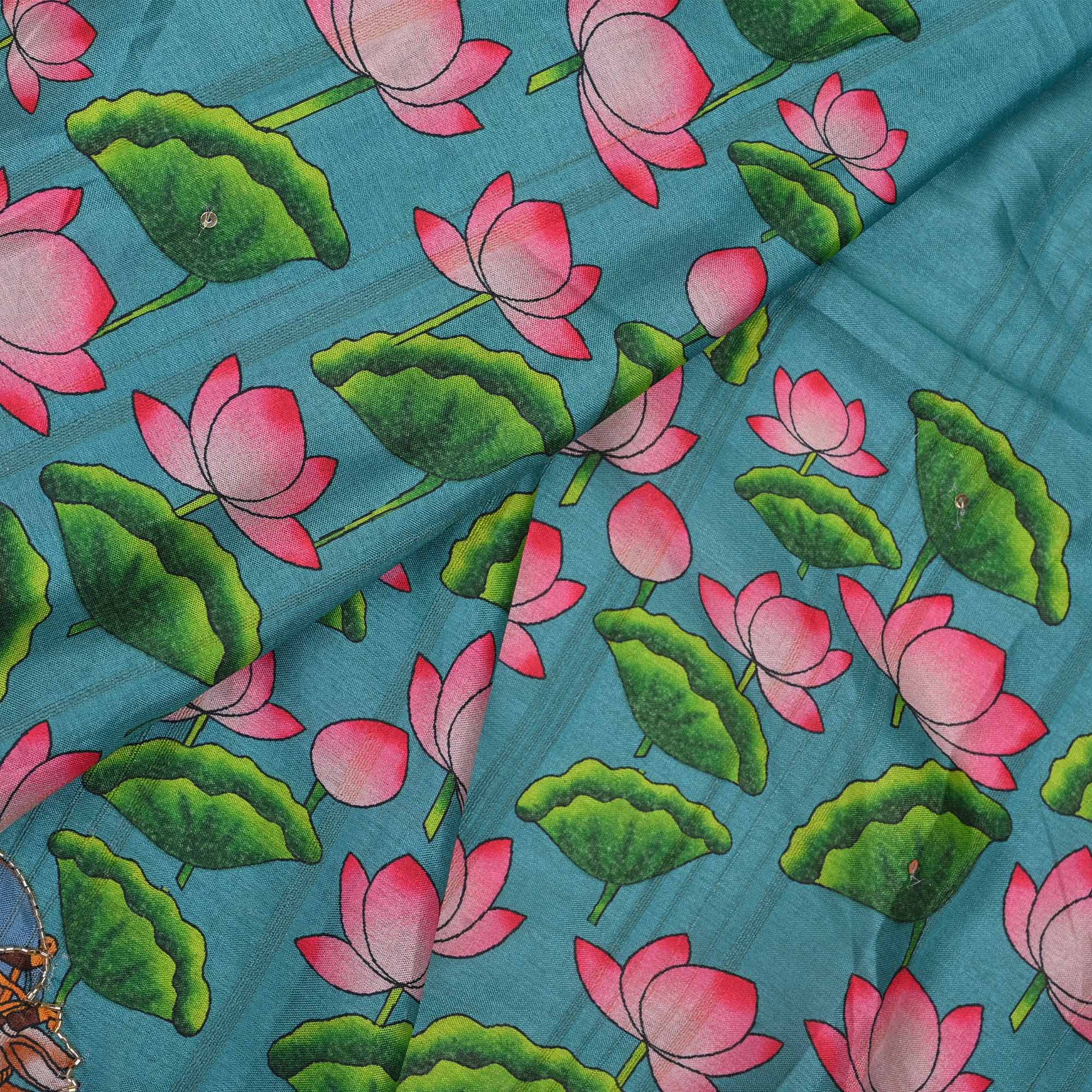 Turkish Blue Printed Pichwai Tussar Fabric With Embroidery