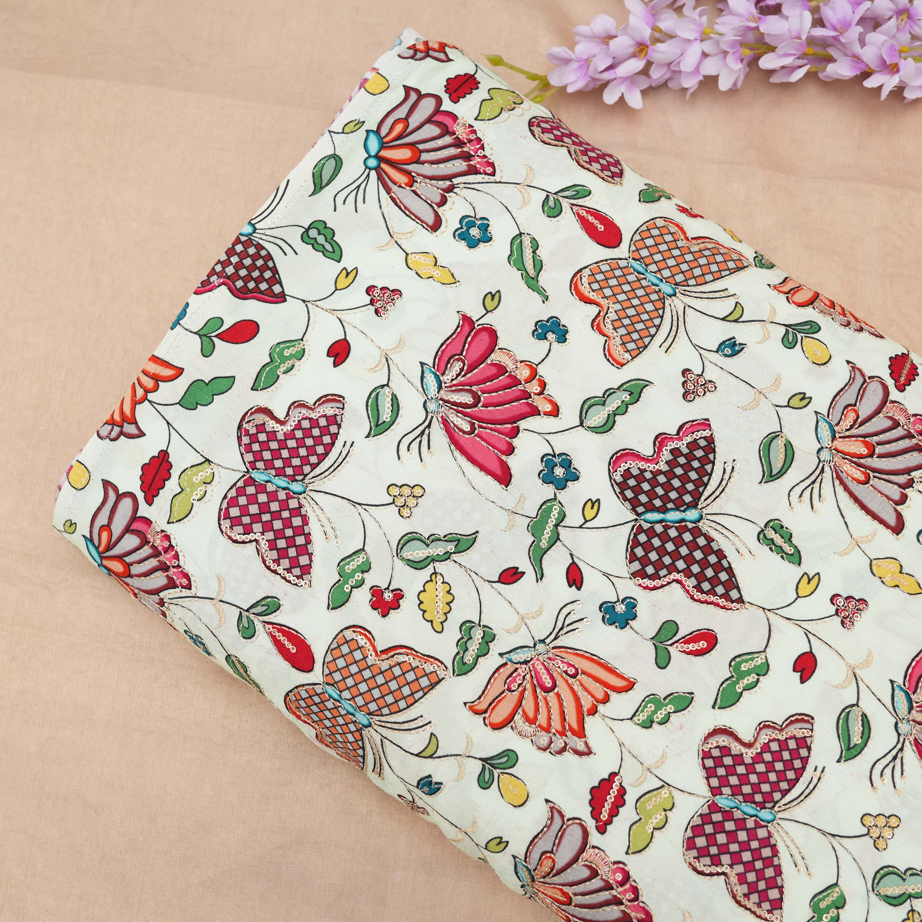 Platinum White Butterfly And Floral Printed Chanderi Fabric