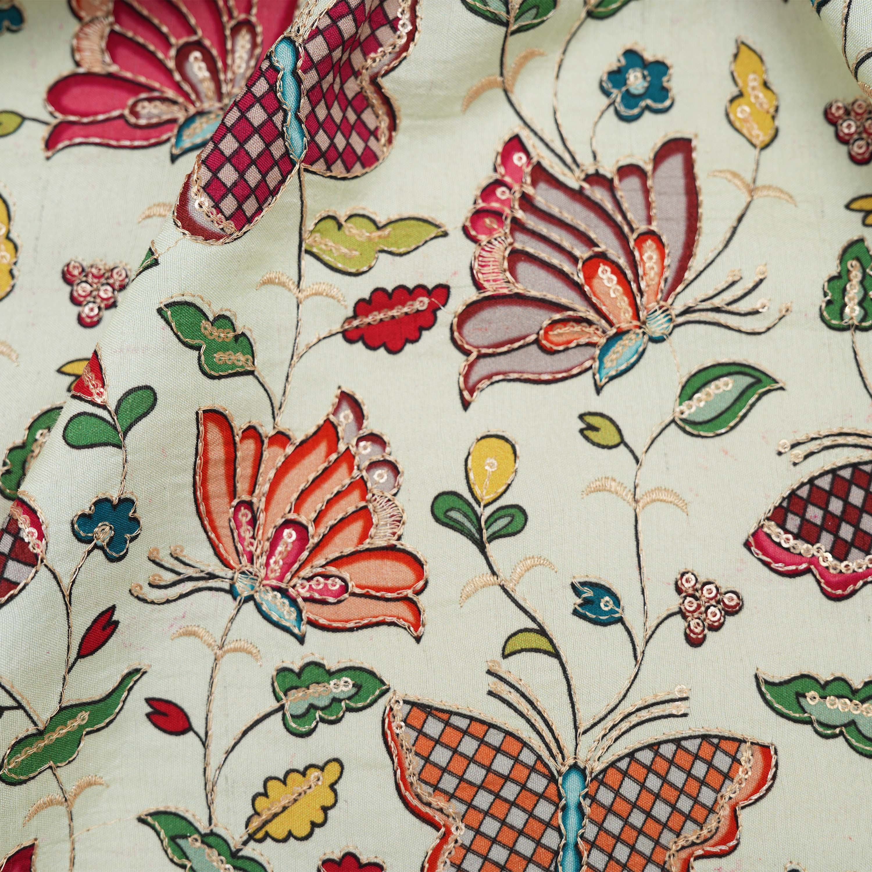Platinum White Butterfly And Floral Printed Chanderi Fabric