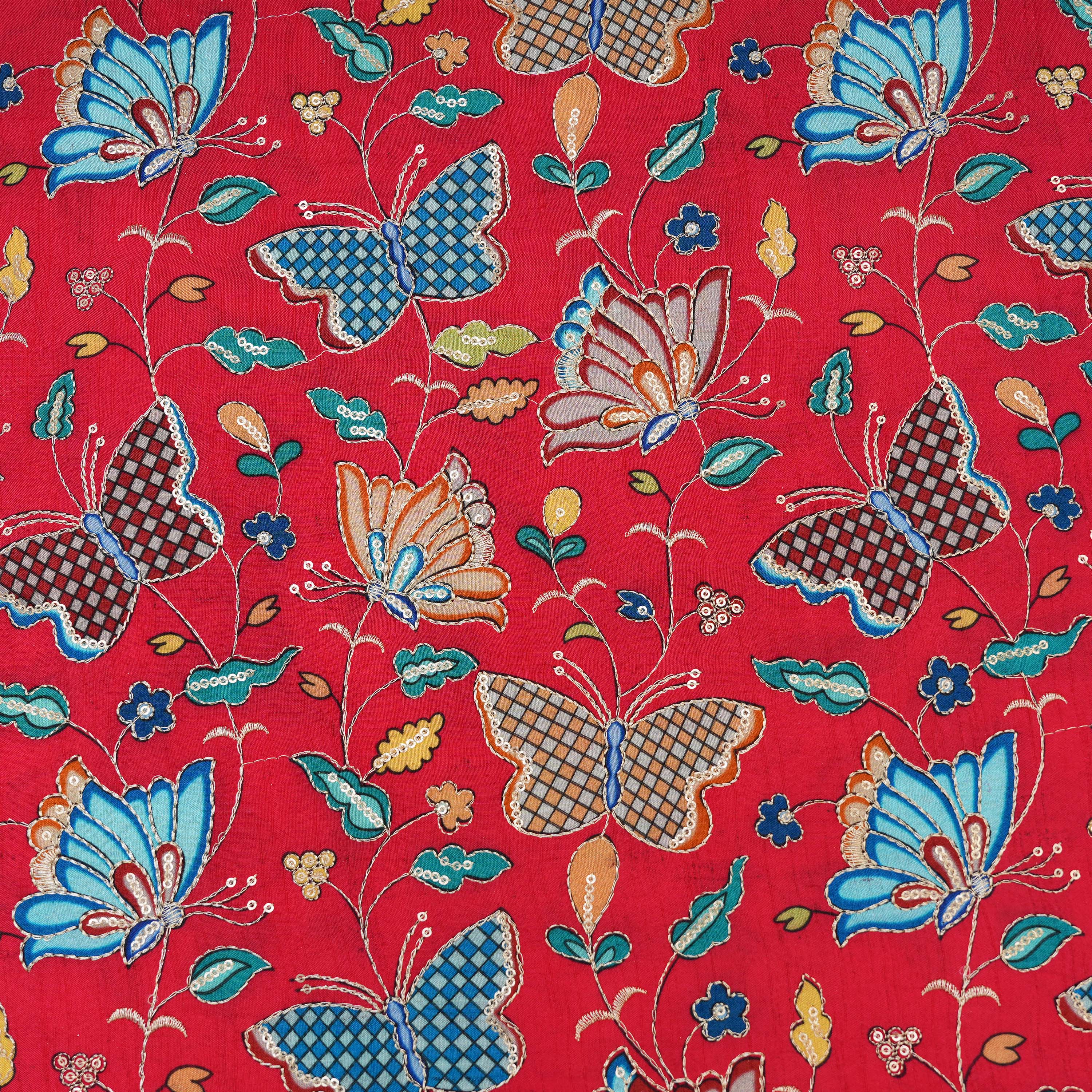 Imperial Red Butterfly And Floral Printed Chanderi Fabric