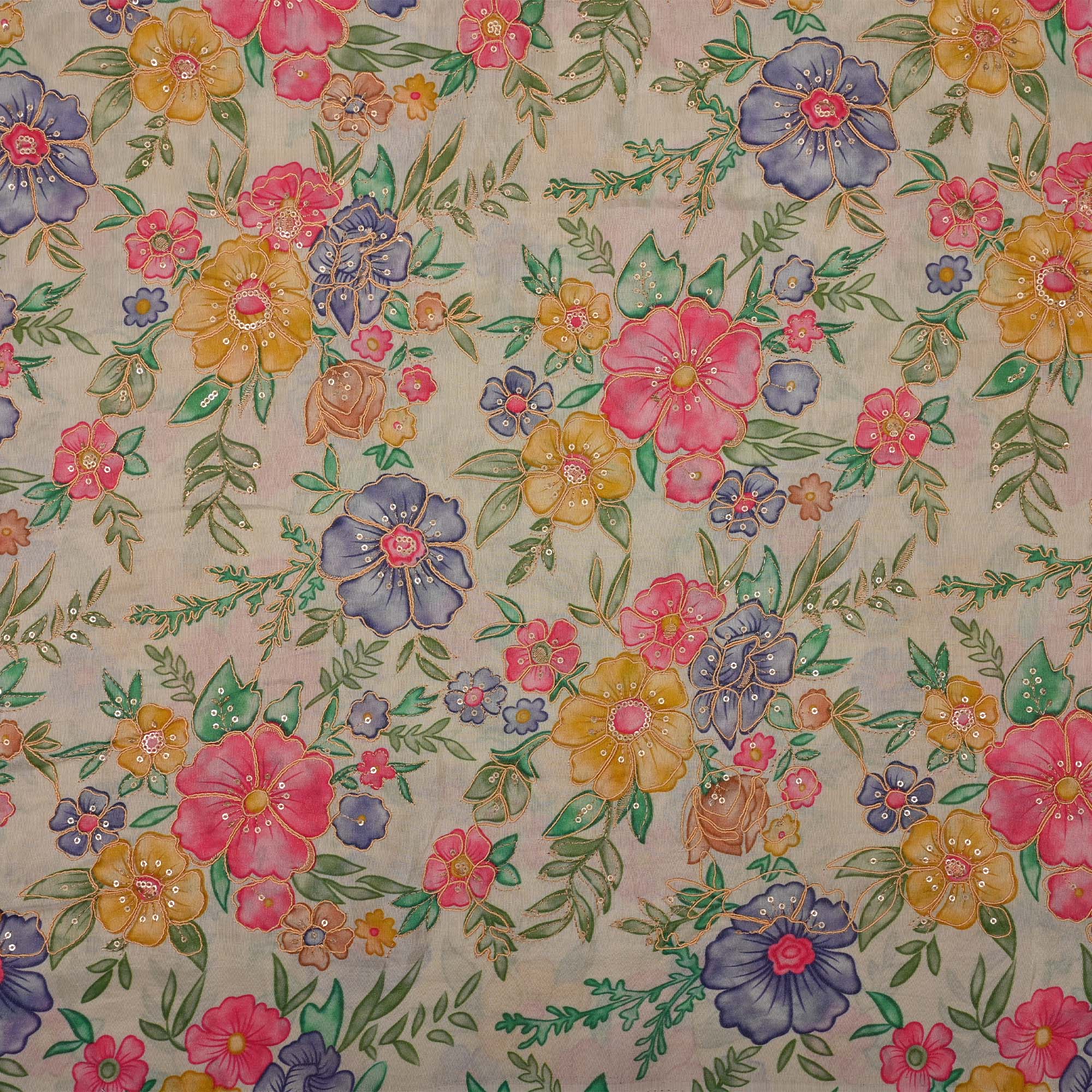 Merino White Floral Printed Tissue Fabric With Embroidery