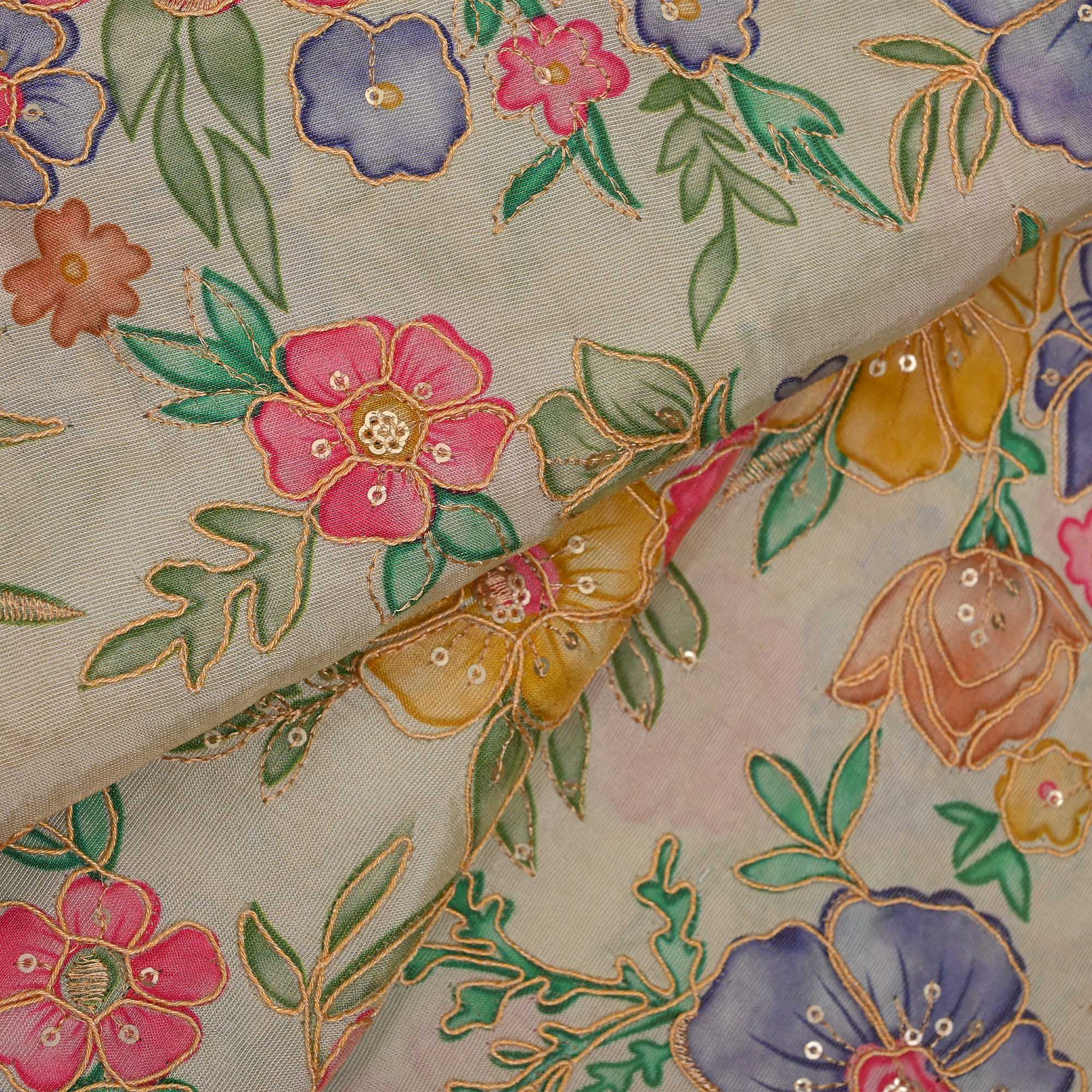 Merino White Floral Printed Tissue Fabric With Embroidery