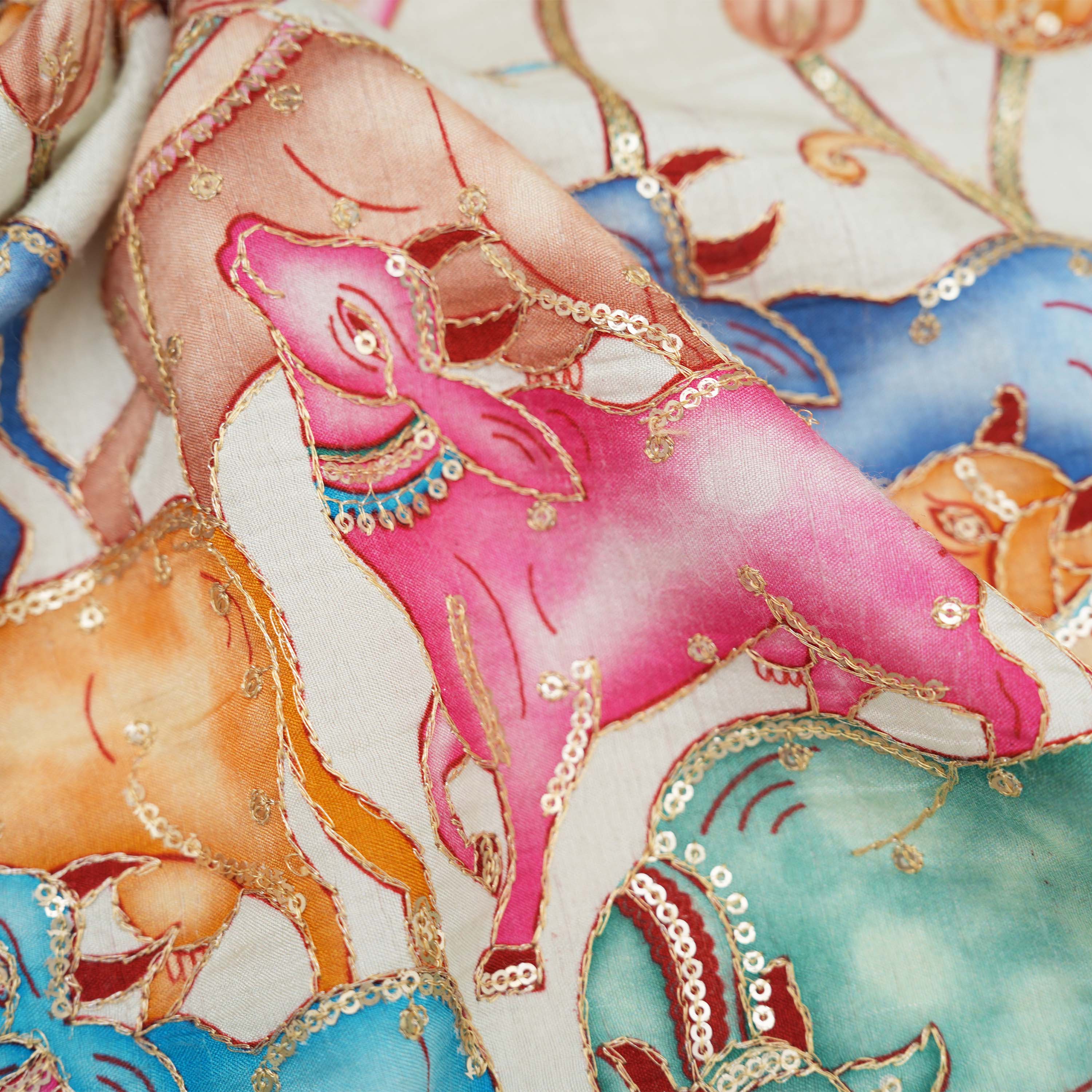 Tulip Pink Colourful Pichwai Work On Embroidery Silk Fabric