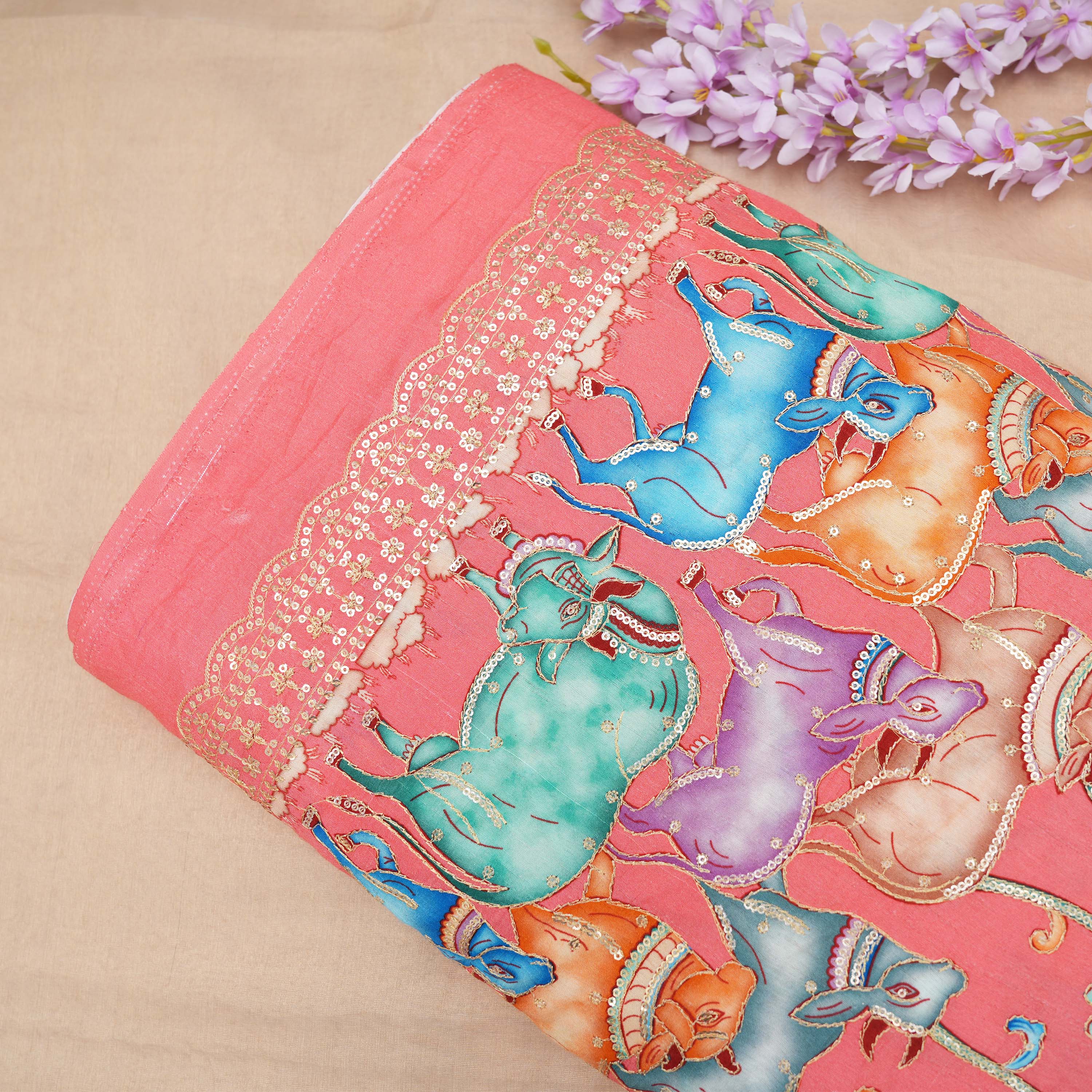 Milk White Colourful Pichwai Work On Printed Silk Fabric