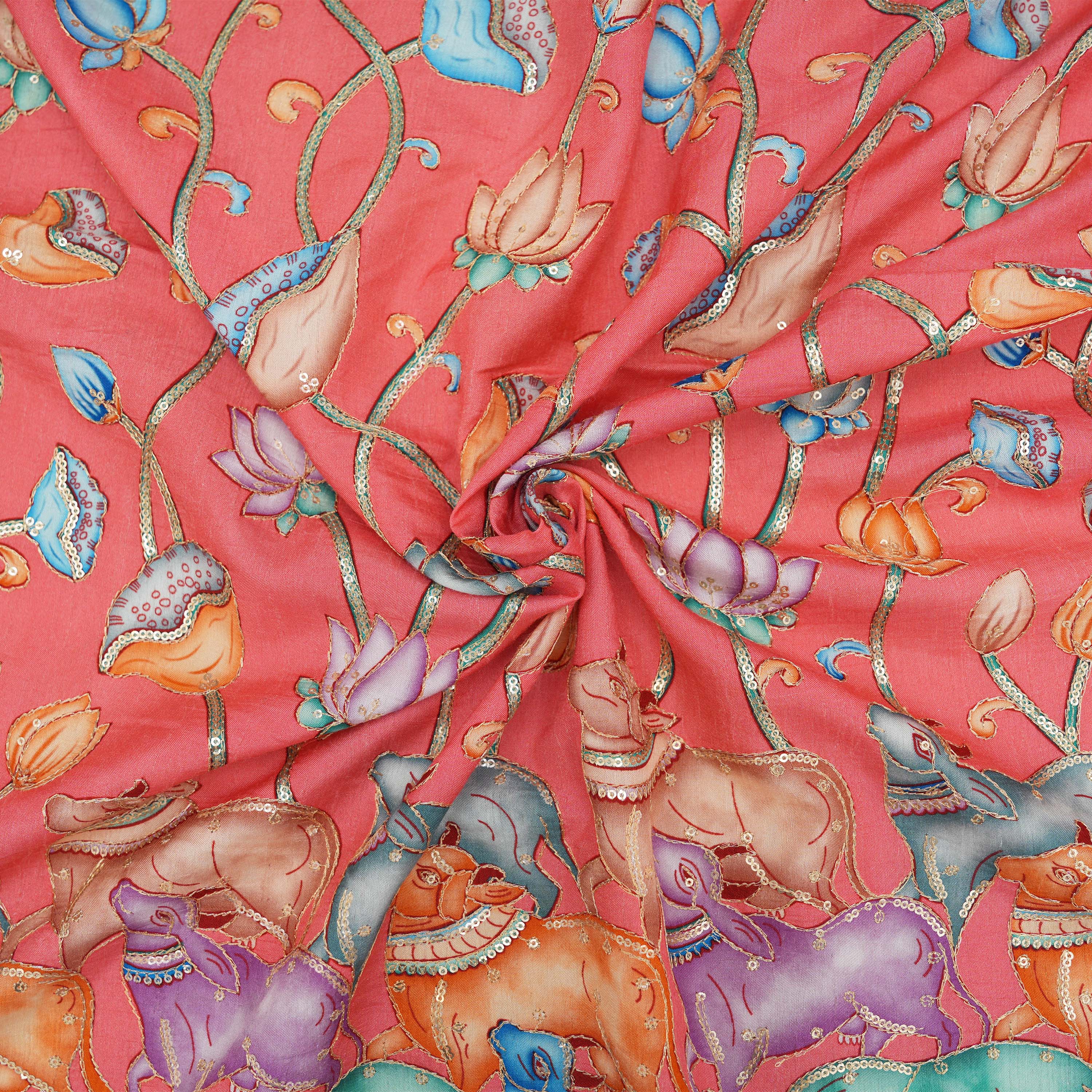Milk White Colourful Pichwai Work On Printed Silk Fabric