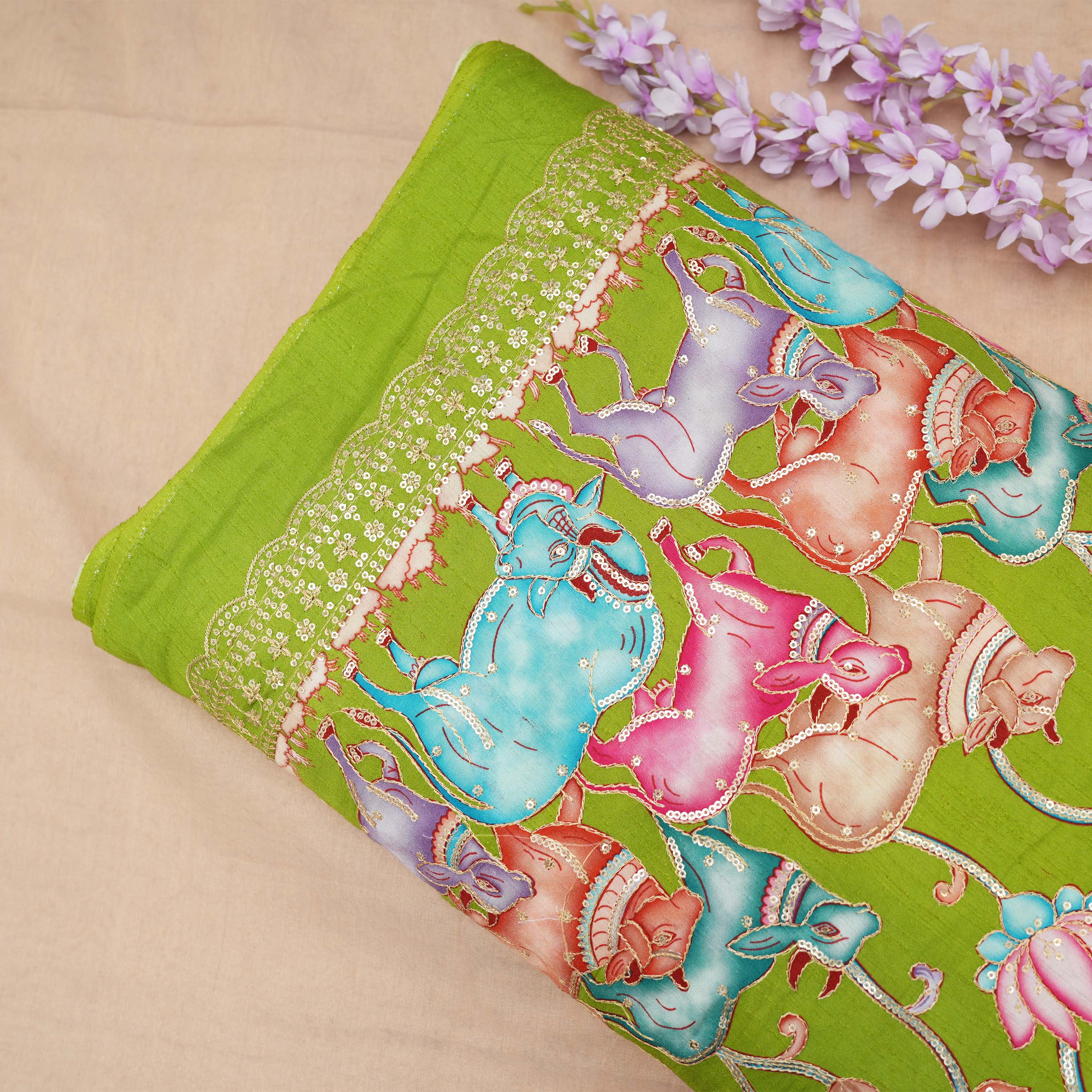 Limerick Green Printed Silk With Pichwai Work Fabric