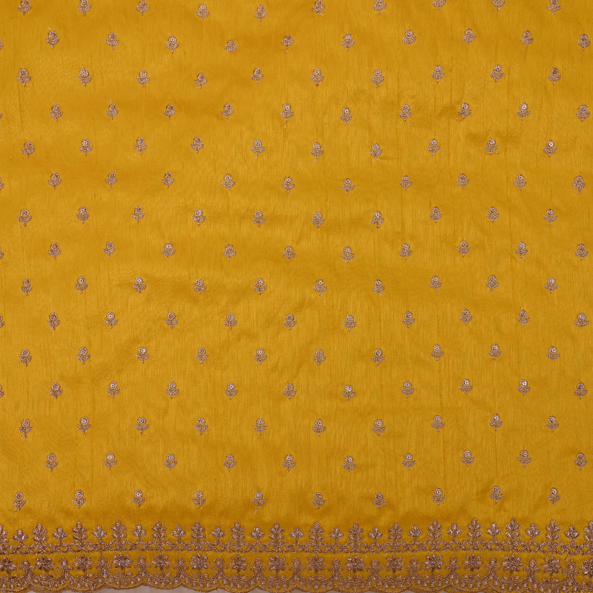 Saffron Yellow Embroidered Raw Silk Fabric