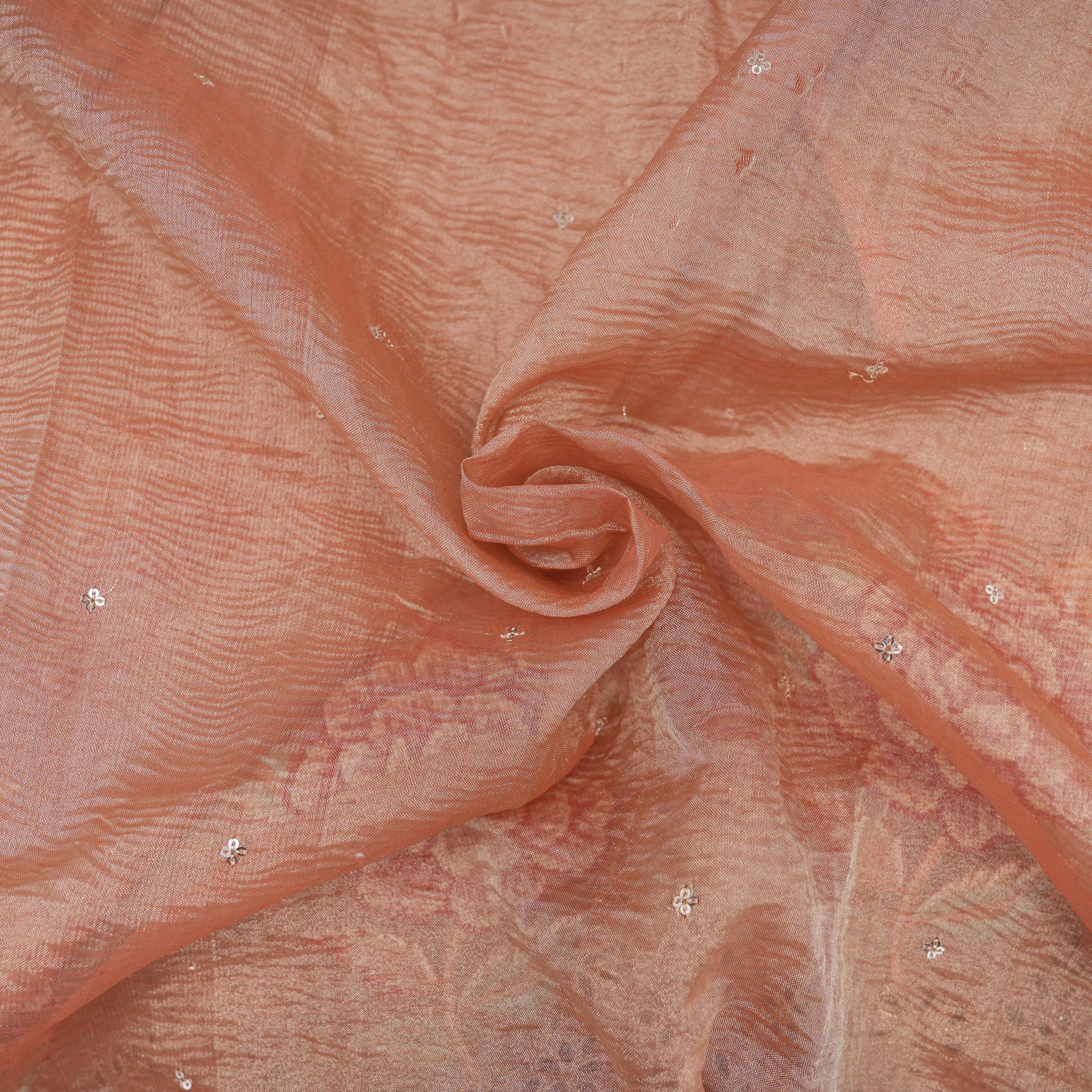 Brownish Pink Floral Threadwork With Hool Bordered Tissue Fabric