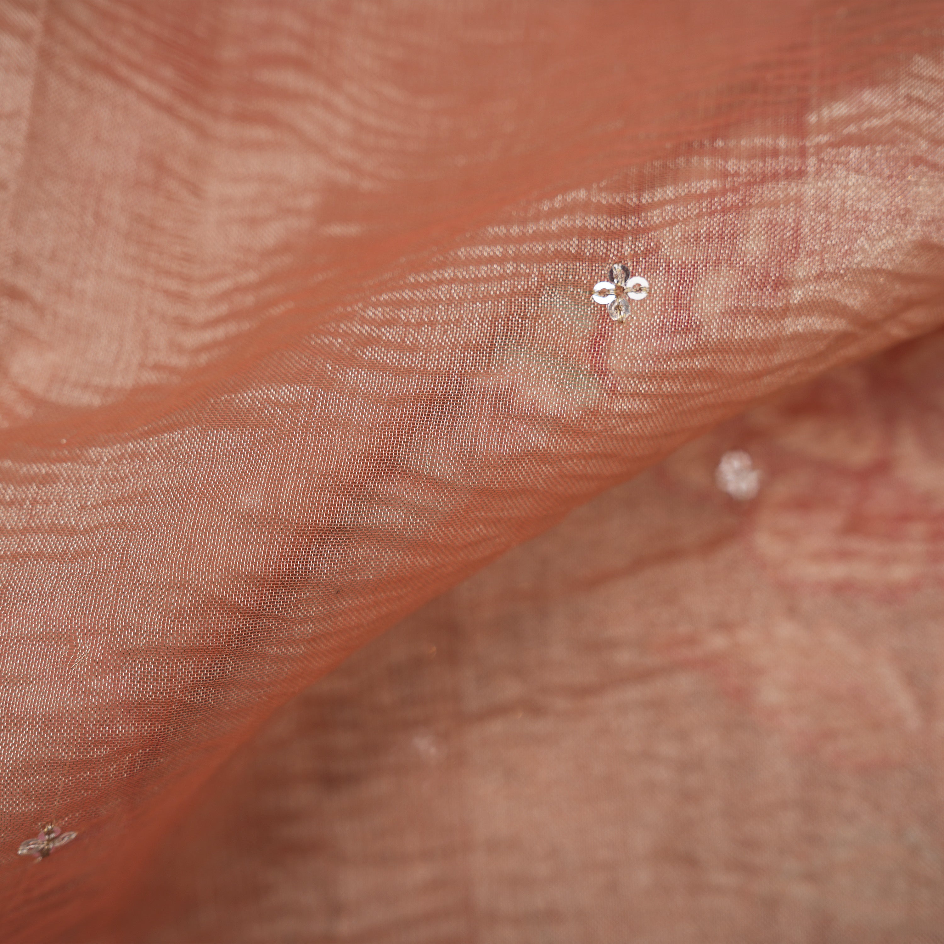 Brownish Pink Floral Threadwork With Hool Bordered Tissue Fabric