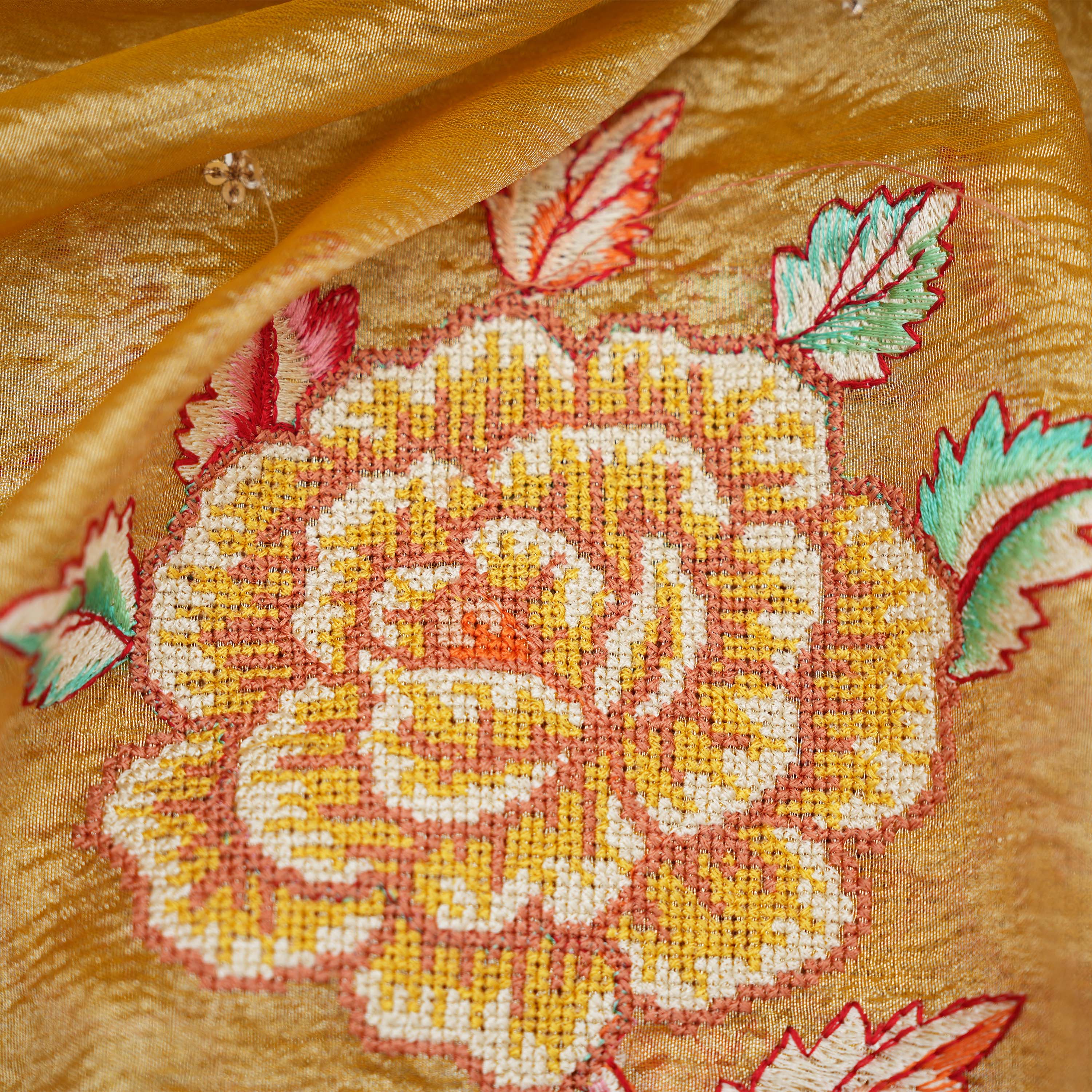 Hunyadi Yellow Threadwork With Hool Bordered Tissue Fabric