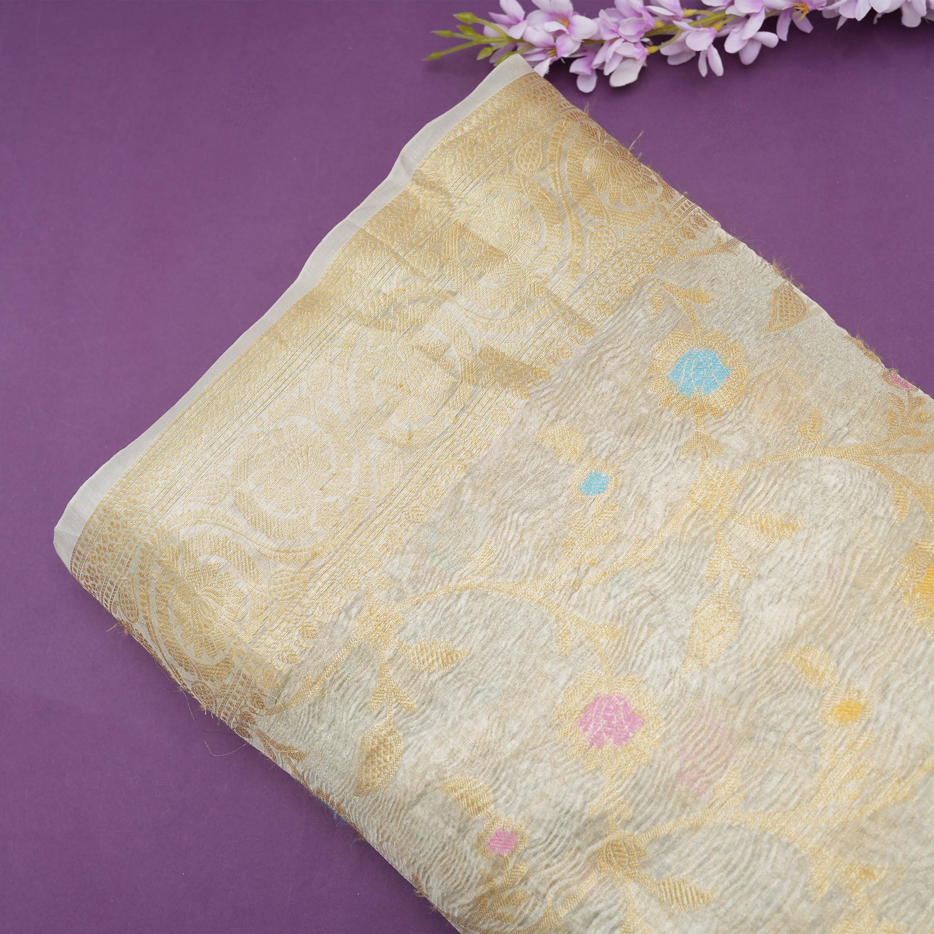 Sky Grey Floral Rangkat Banarasi Tissue Fabric