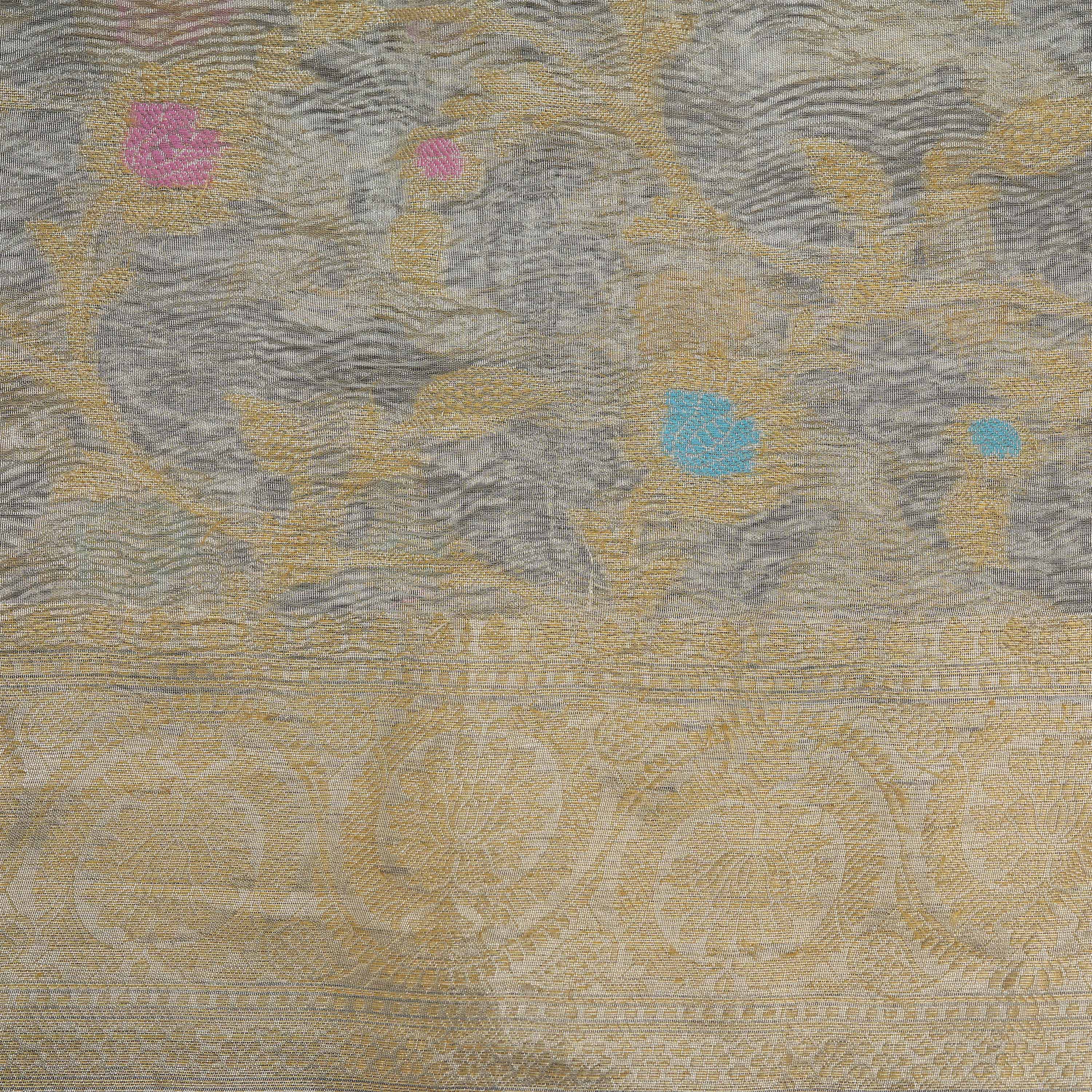 Sky Grey Floral Rangkat Banarasi Tissue Fabric