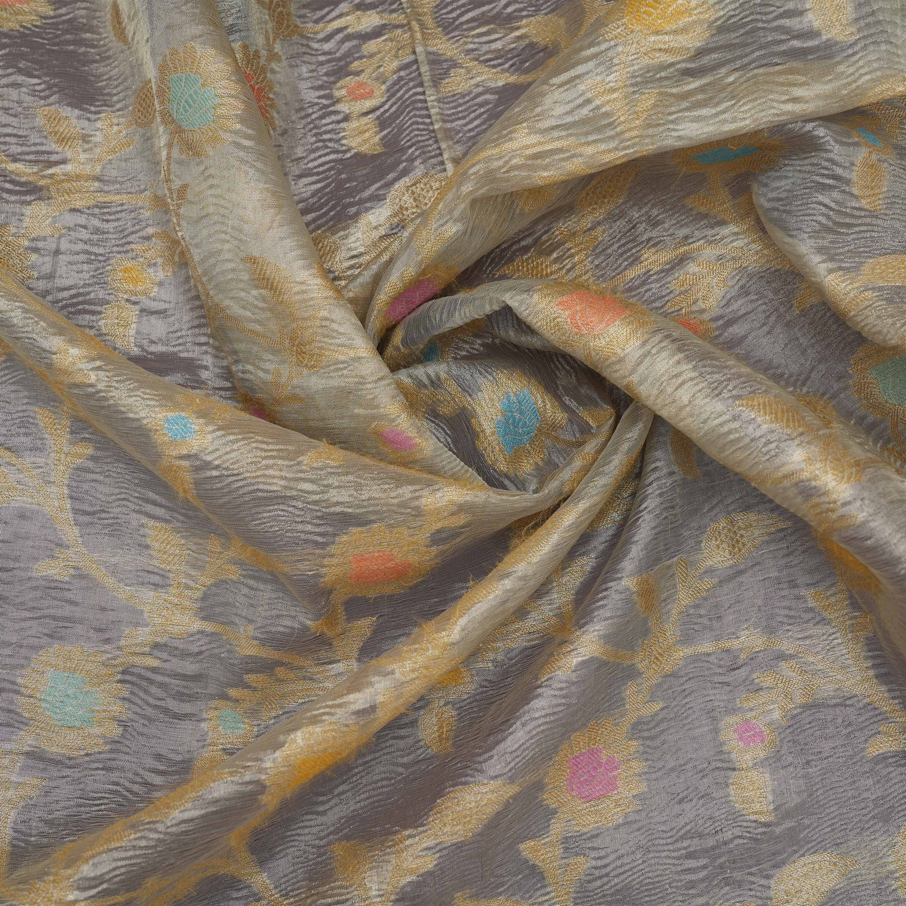 Sky Grey Floral Rangkat Banarasi Tissue Fabric