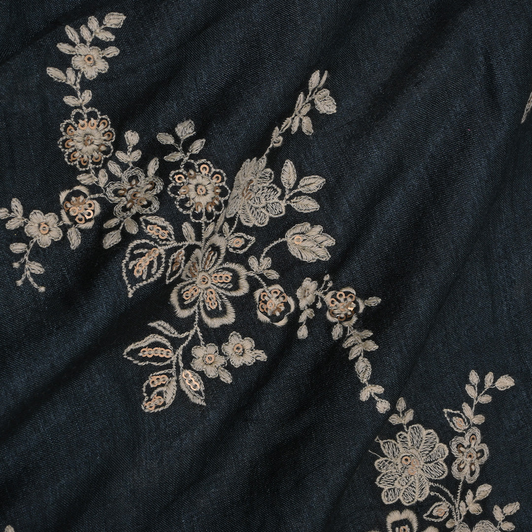Jet Black Floral Butta Embroidery Moonga Fabric