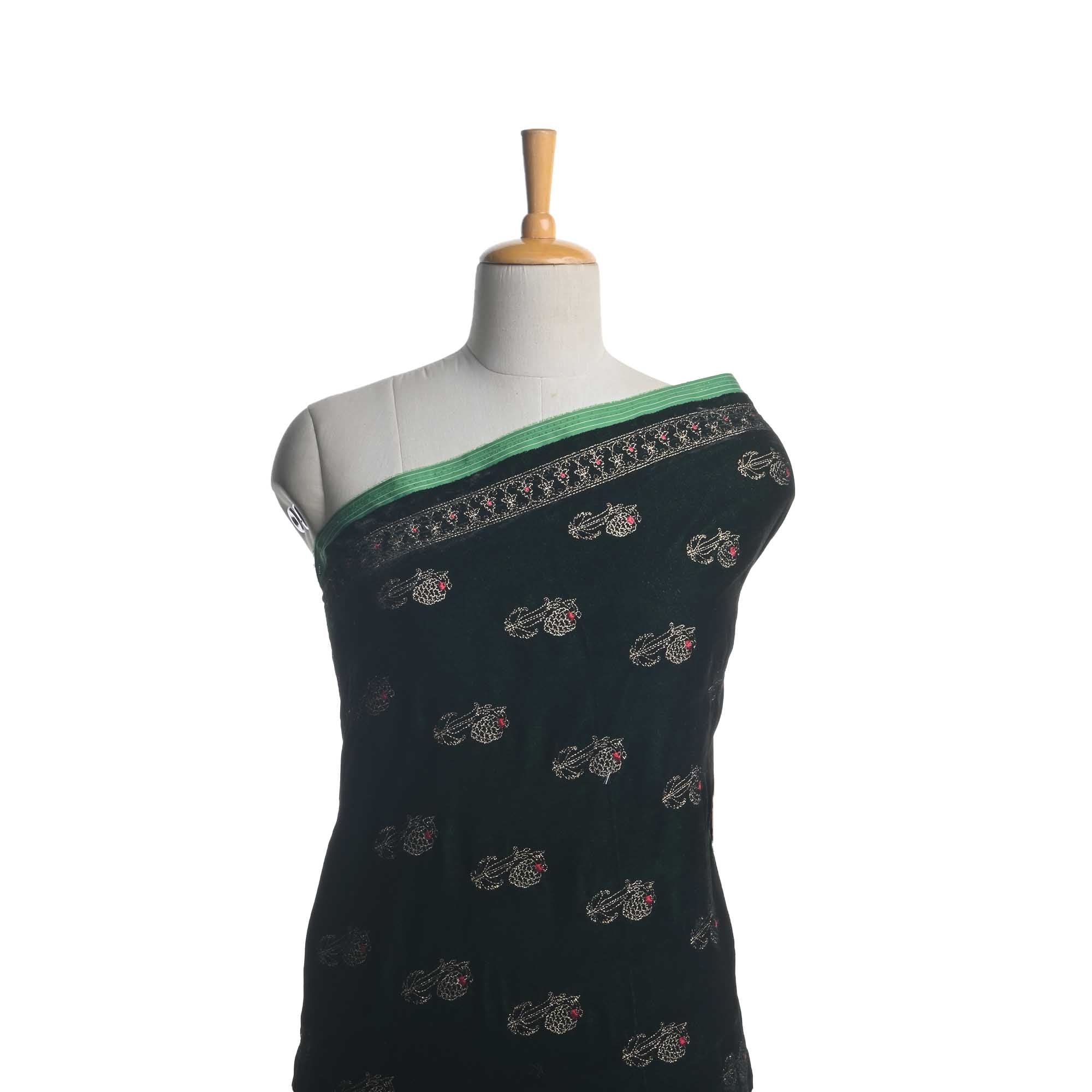Deep Green Zari Embroidery On Velvet Fabric