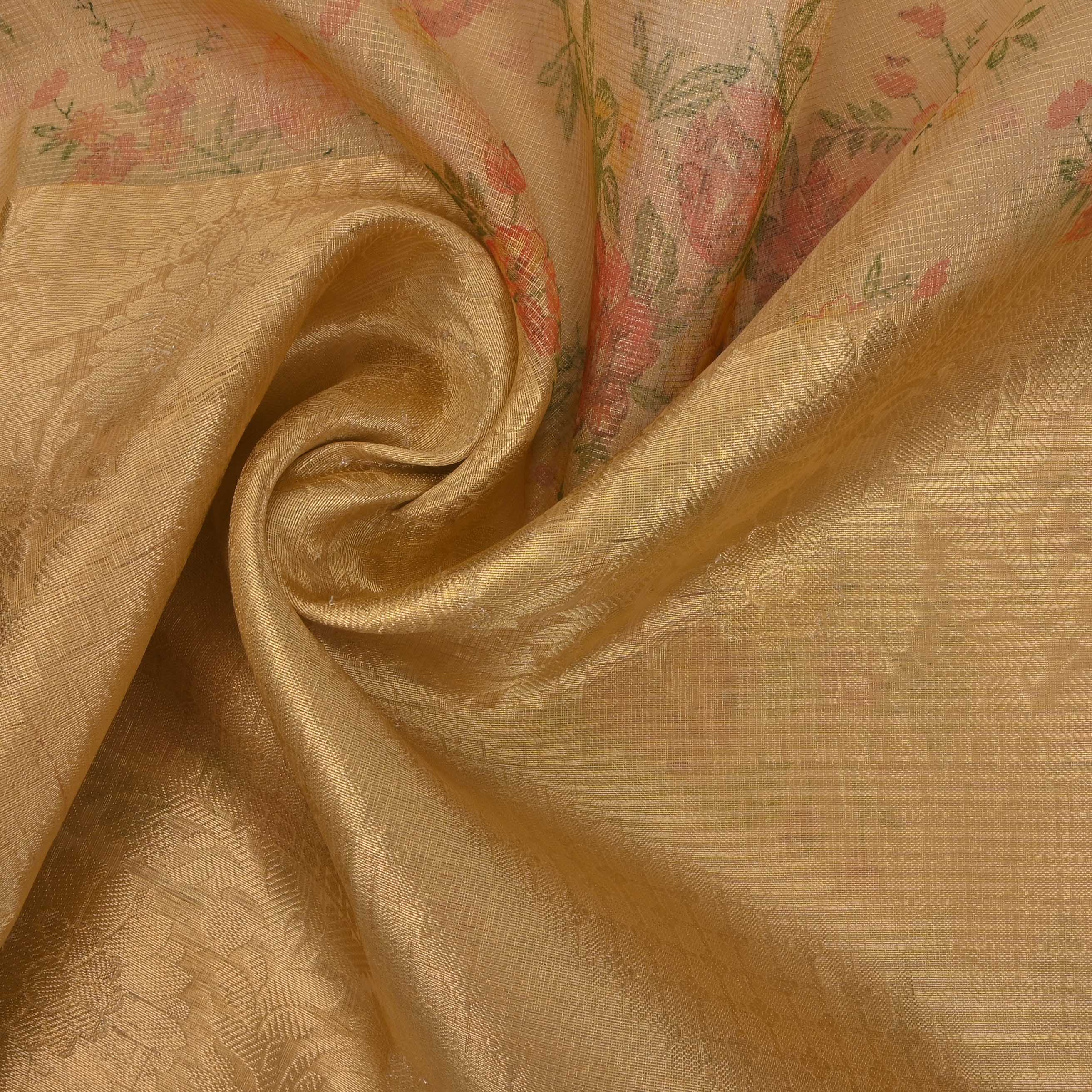 Buff Yellow Printed Floral Tissue Fabric