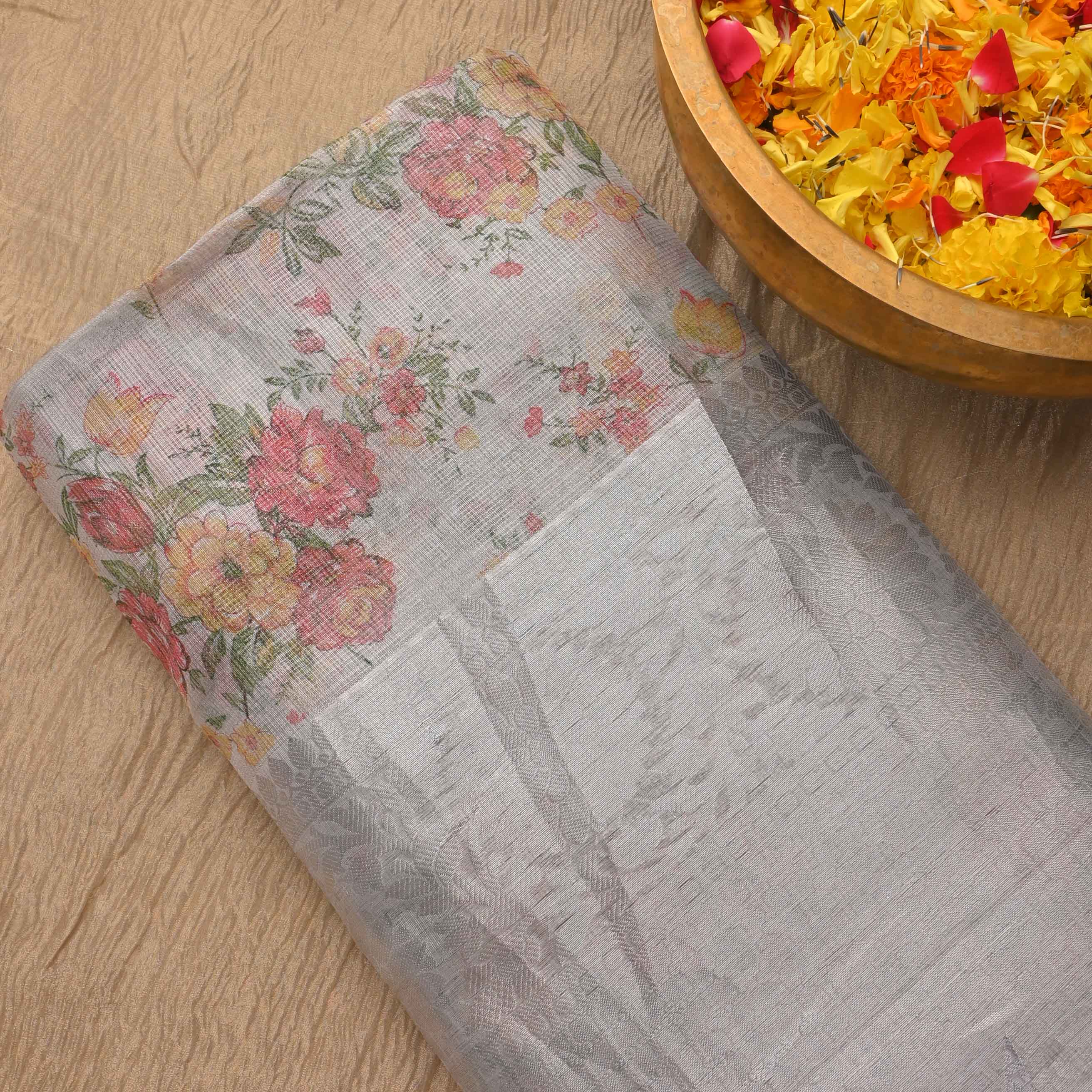 Vista White Printed Floral Tissue Fabric