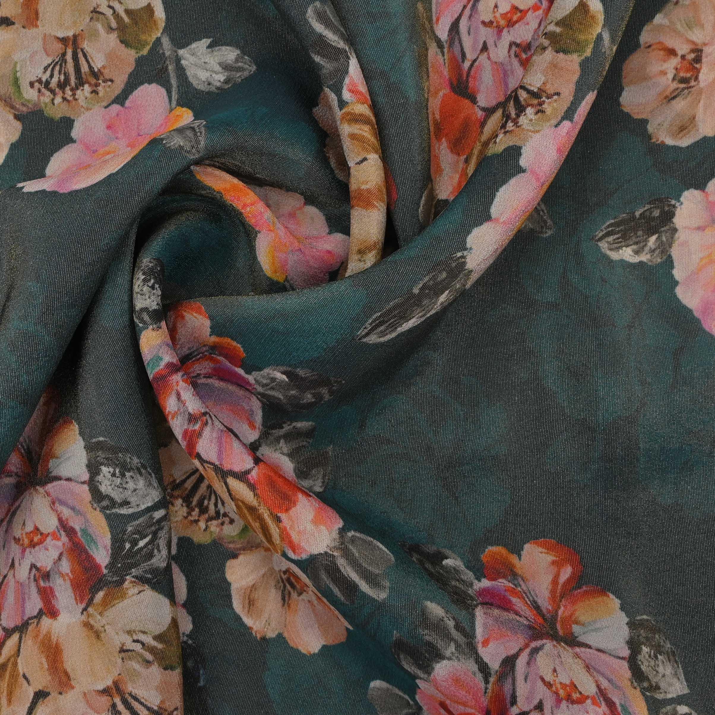 Medium Jungle Green Printed Tissue Floral Fabric