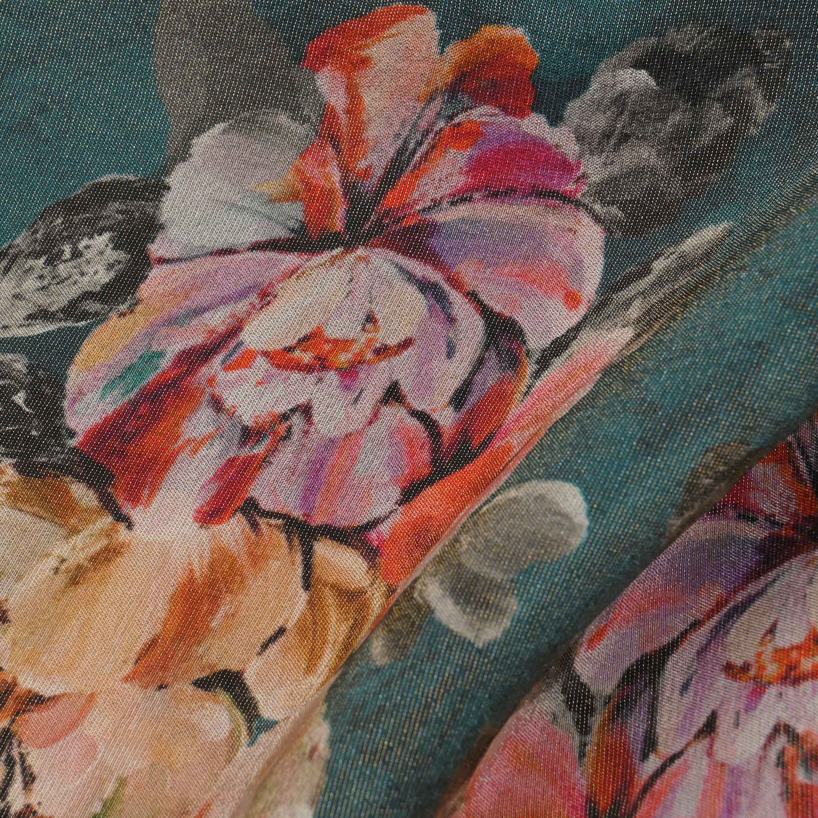 Medium Jungle Green Printed Tissue Floral Fabric