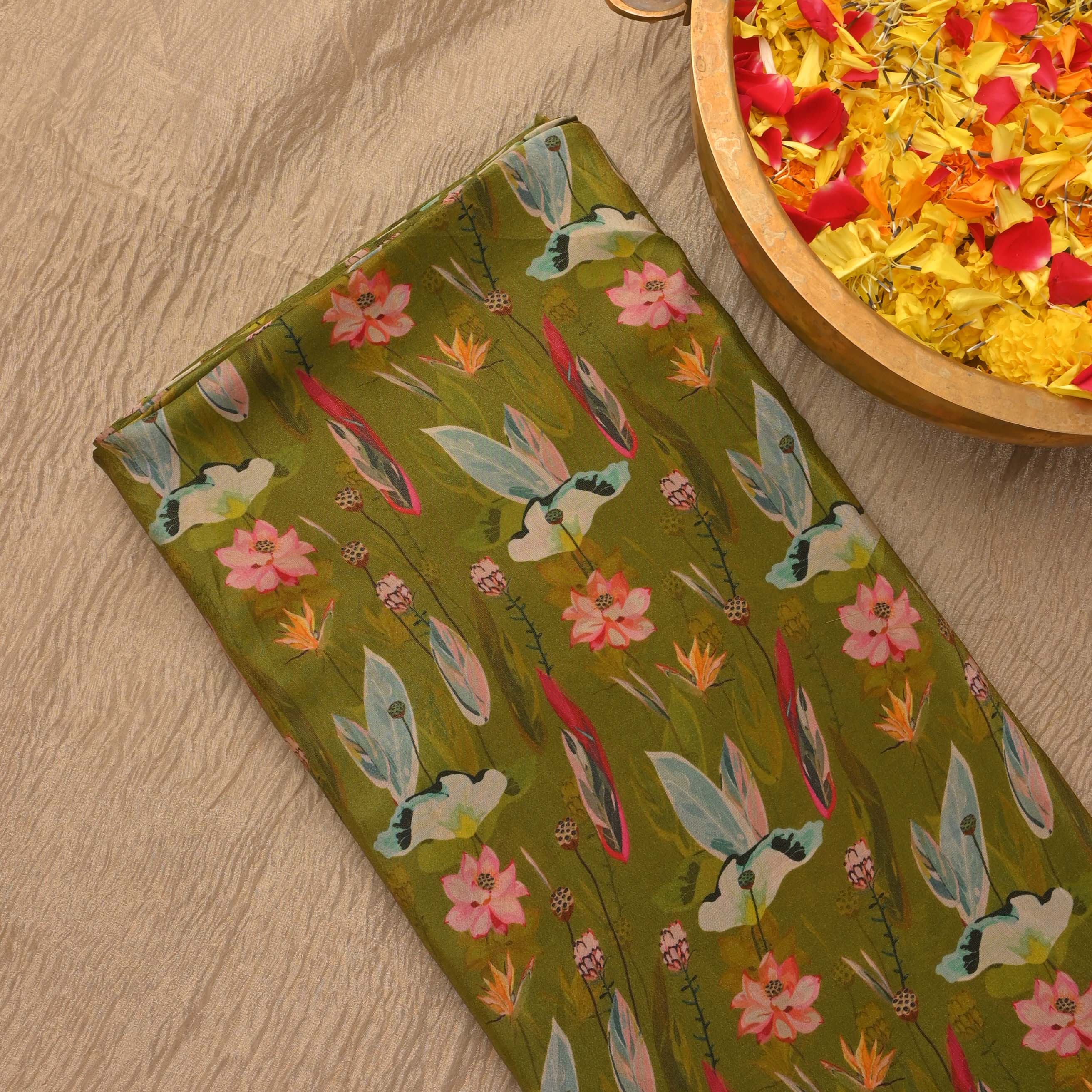 Citrus Green Printed Tissue Floral Fabric