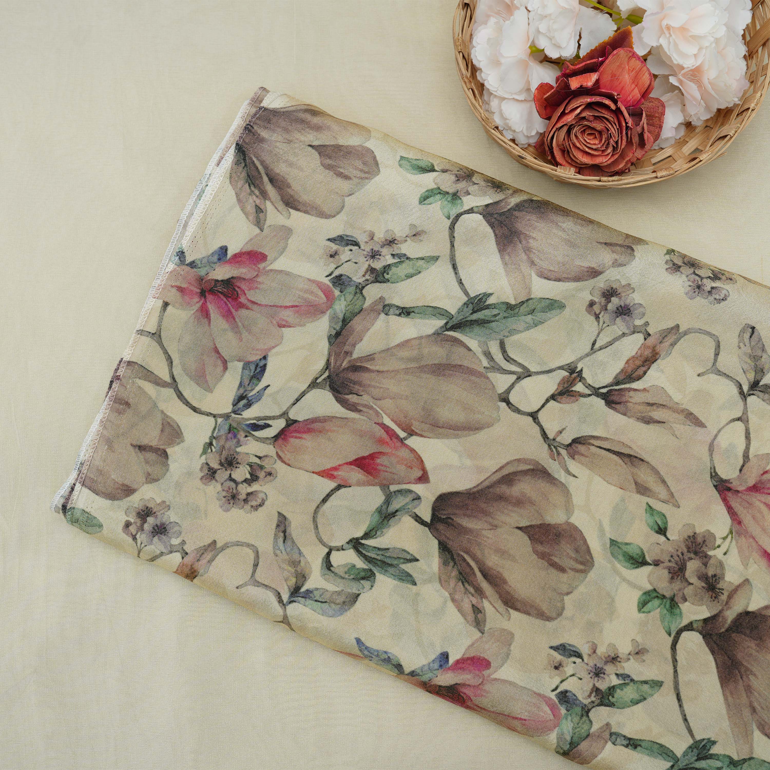 Cream White Multicolor Floral Digital Printed Tissue Fabric