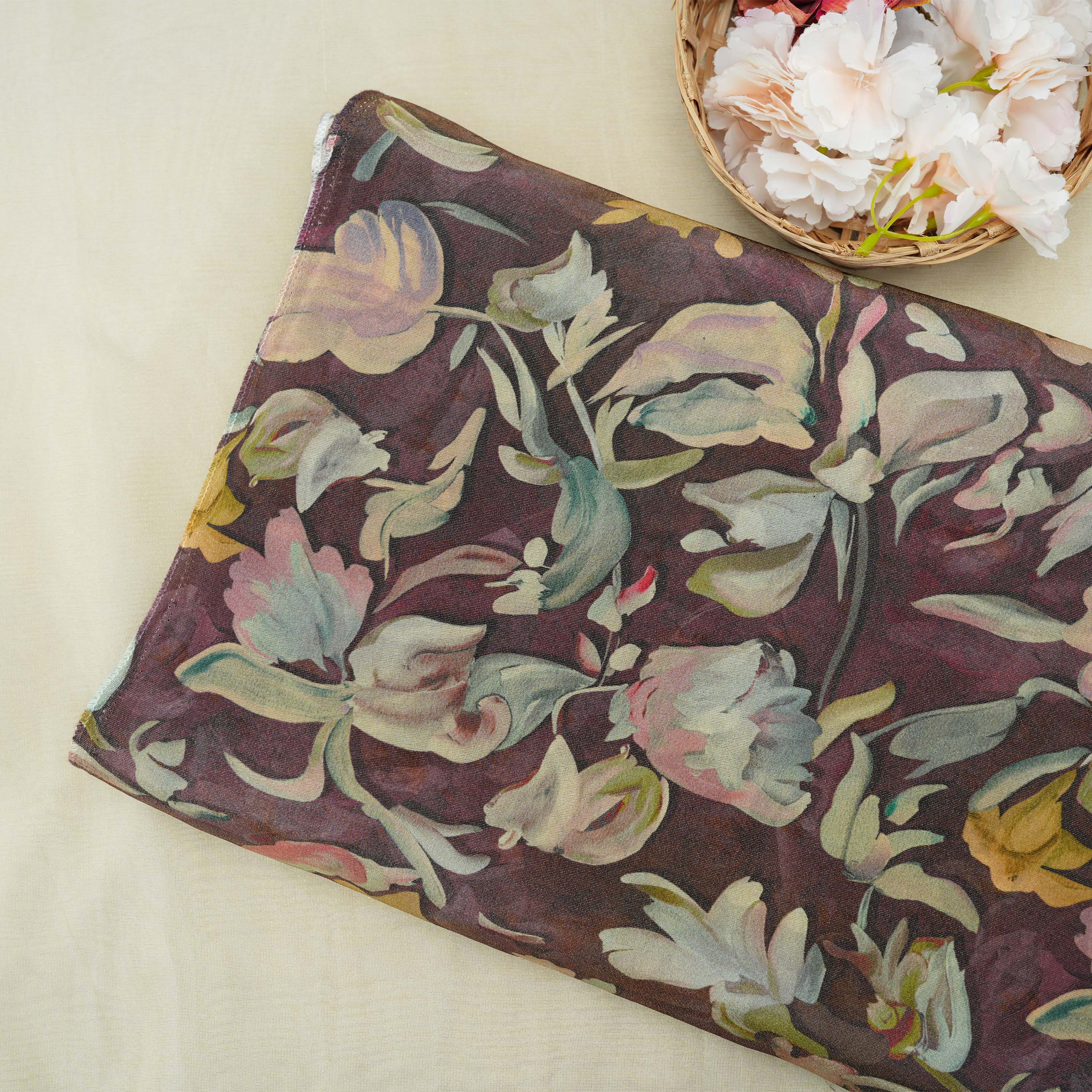 Purplish Brown Printed Multicolor Floral Tissue Fabric