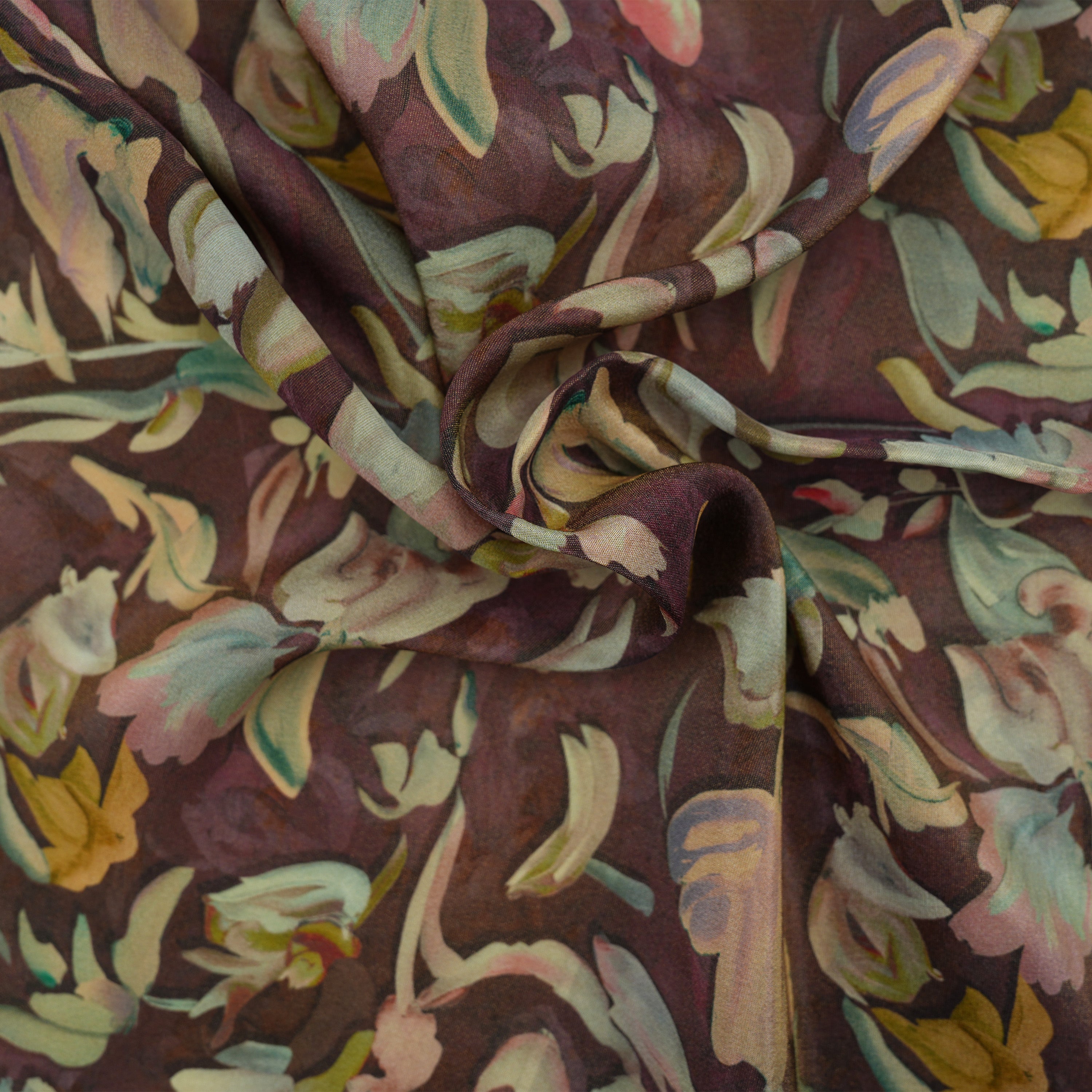 Purplish Brown Printed Multicolor Floral Tissue Fabric