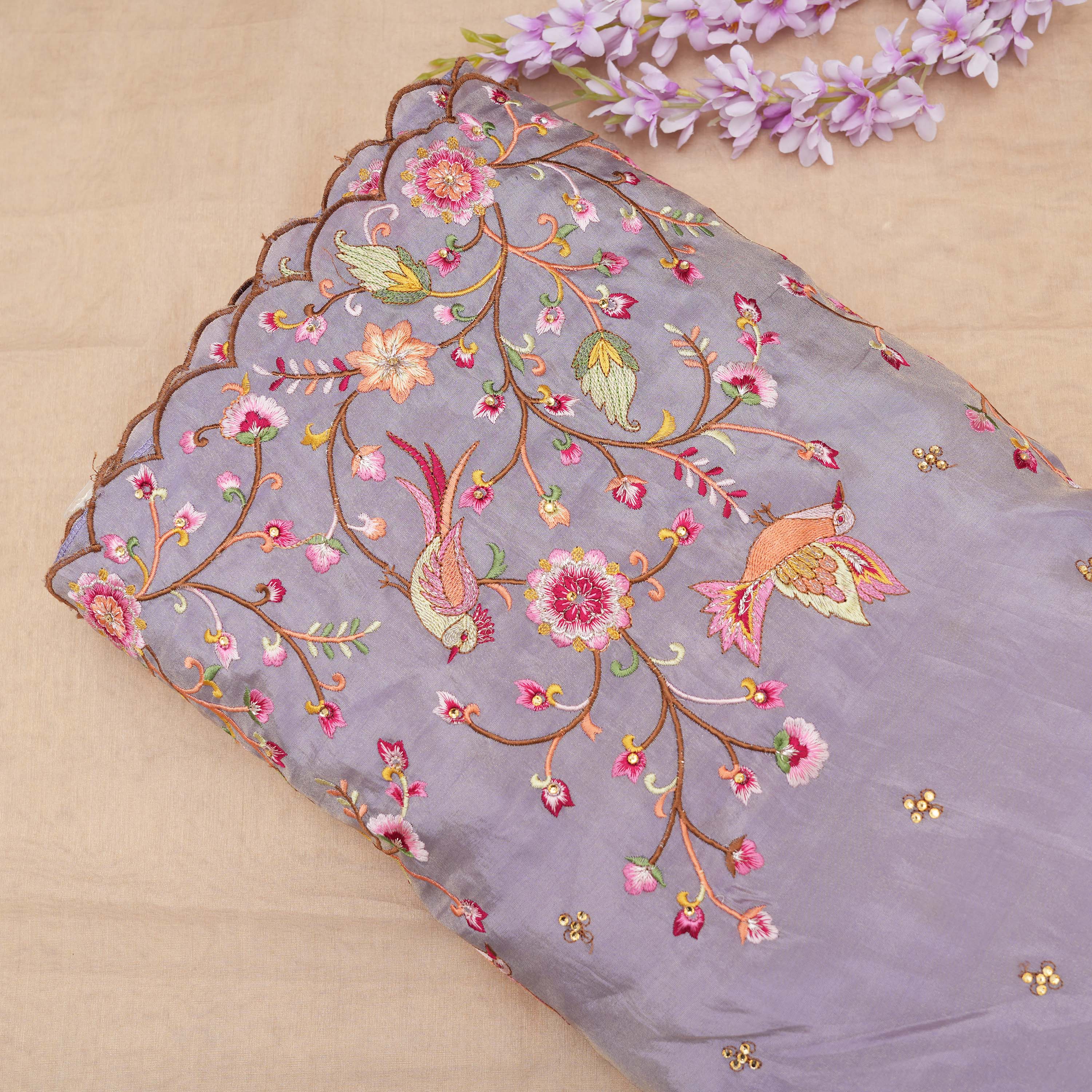 Gray Blue Floral Jaal Cuckoo Bordered Tissue Fabric