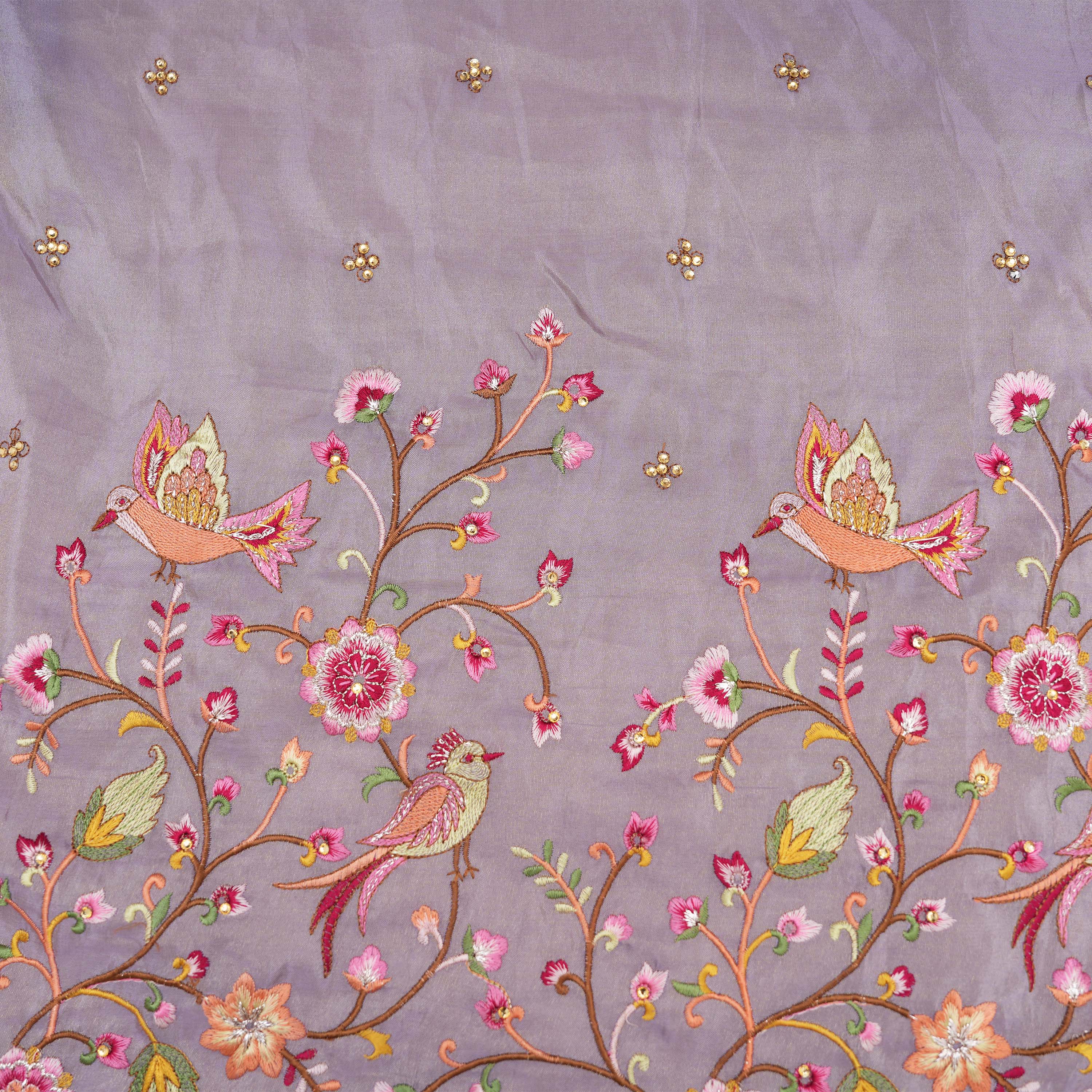 Gray Blue Floral Jaal Cuckoo Bordered Tissue Fabric
