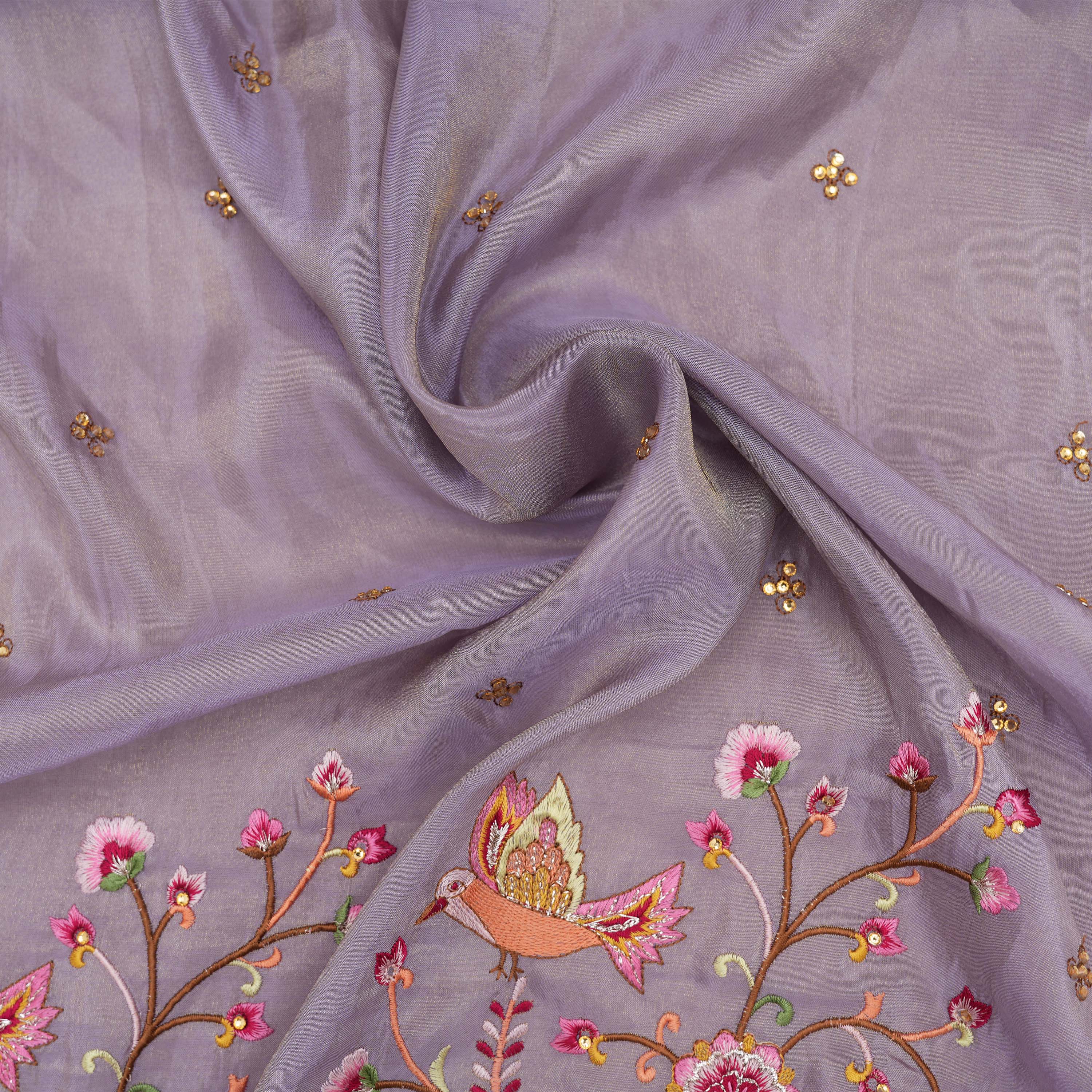 Gray Blue Floral Jaal Cuckoo Bordered Tissue Fabric