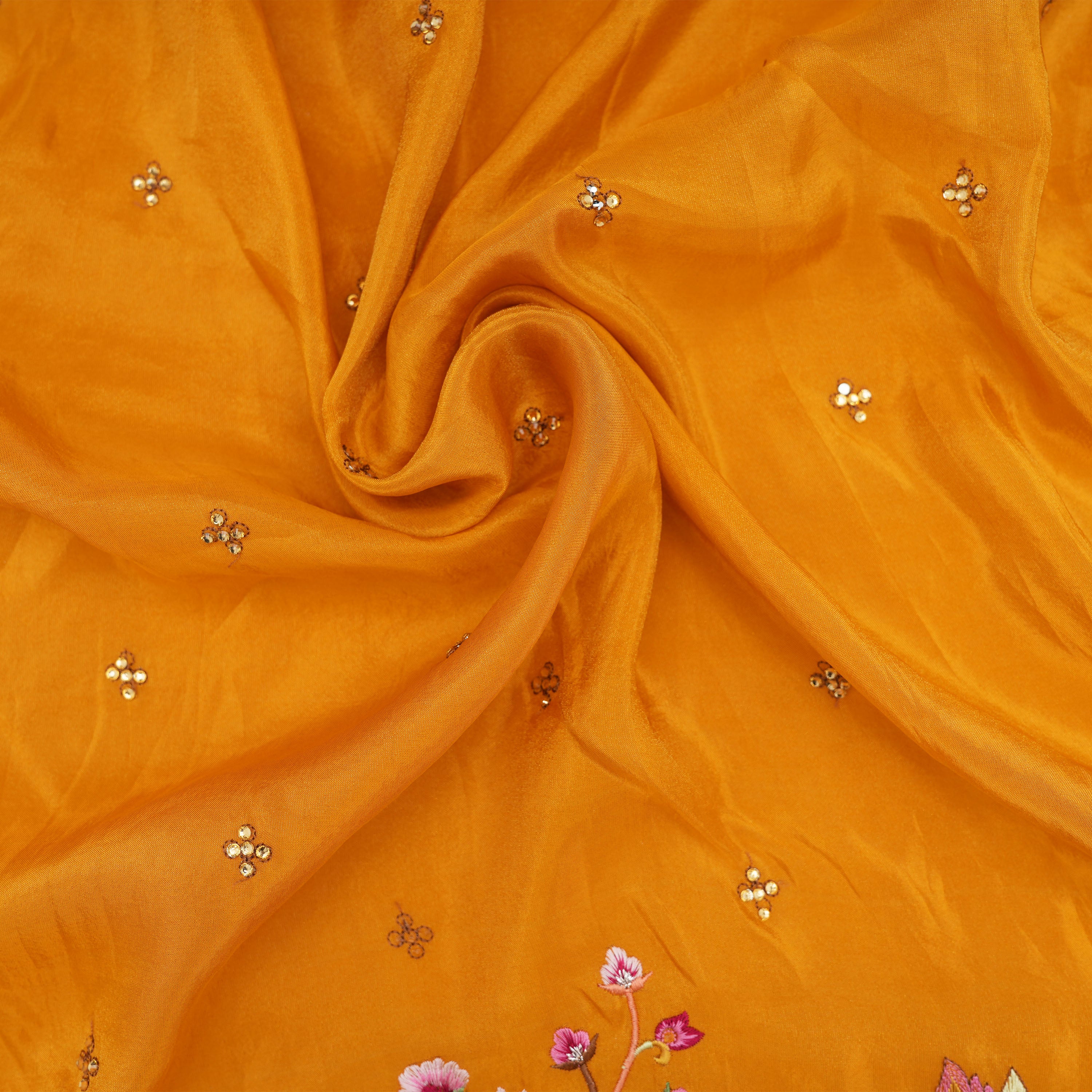 Yellowish Orange Floral Jaal Tissue Fabric