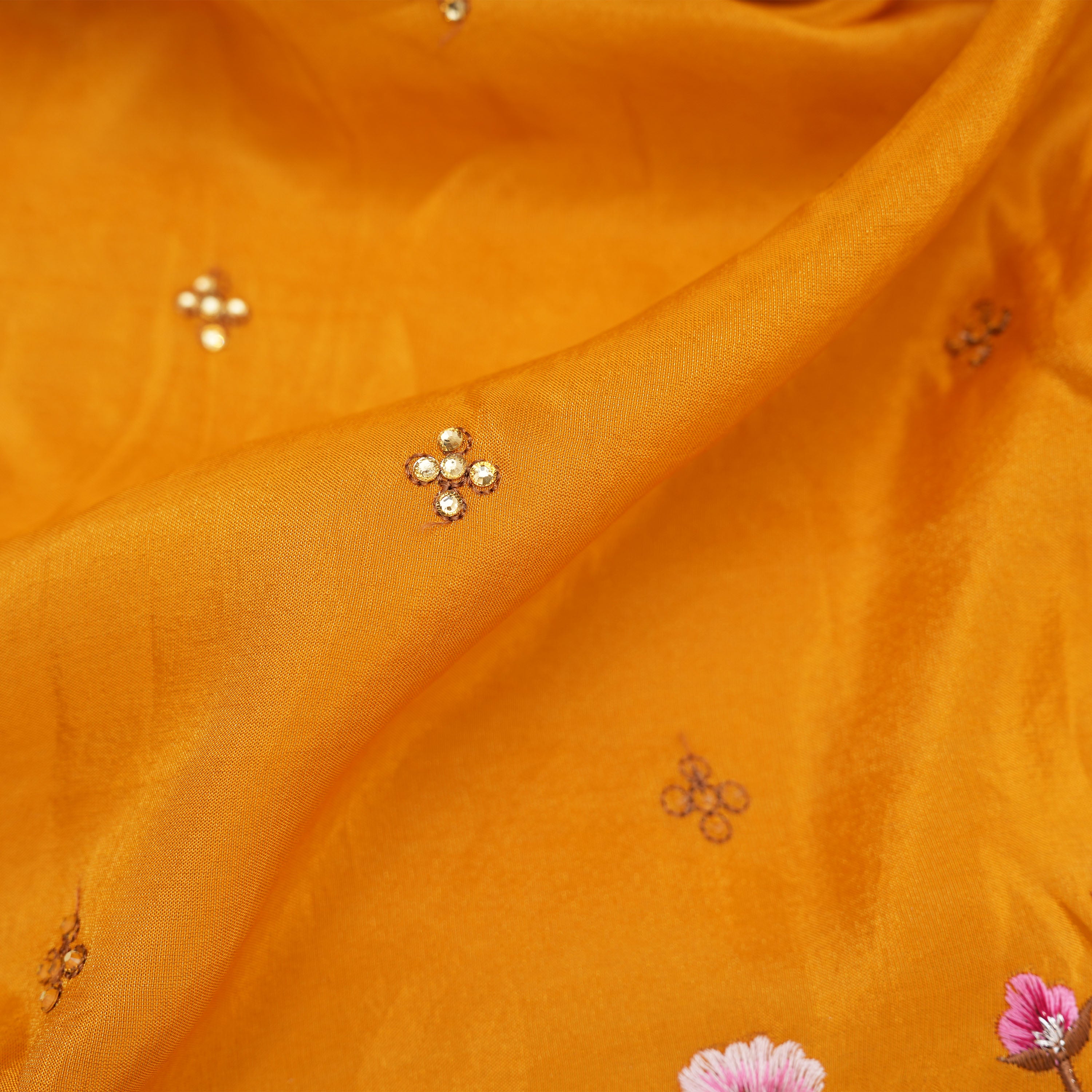 Yellowish Orange Floral Jaal Tissue Fabric