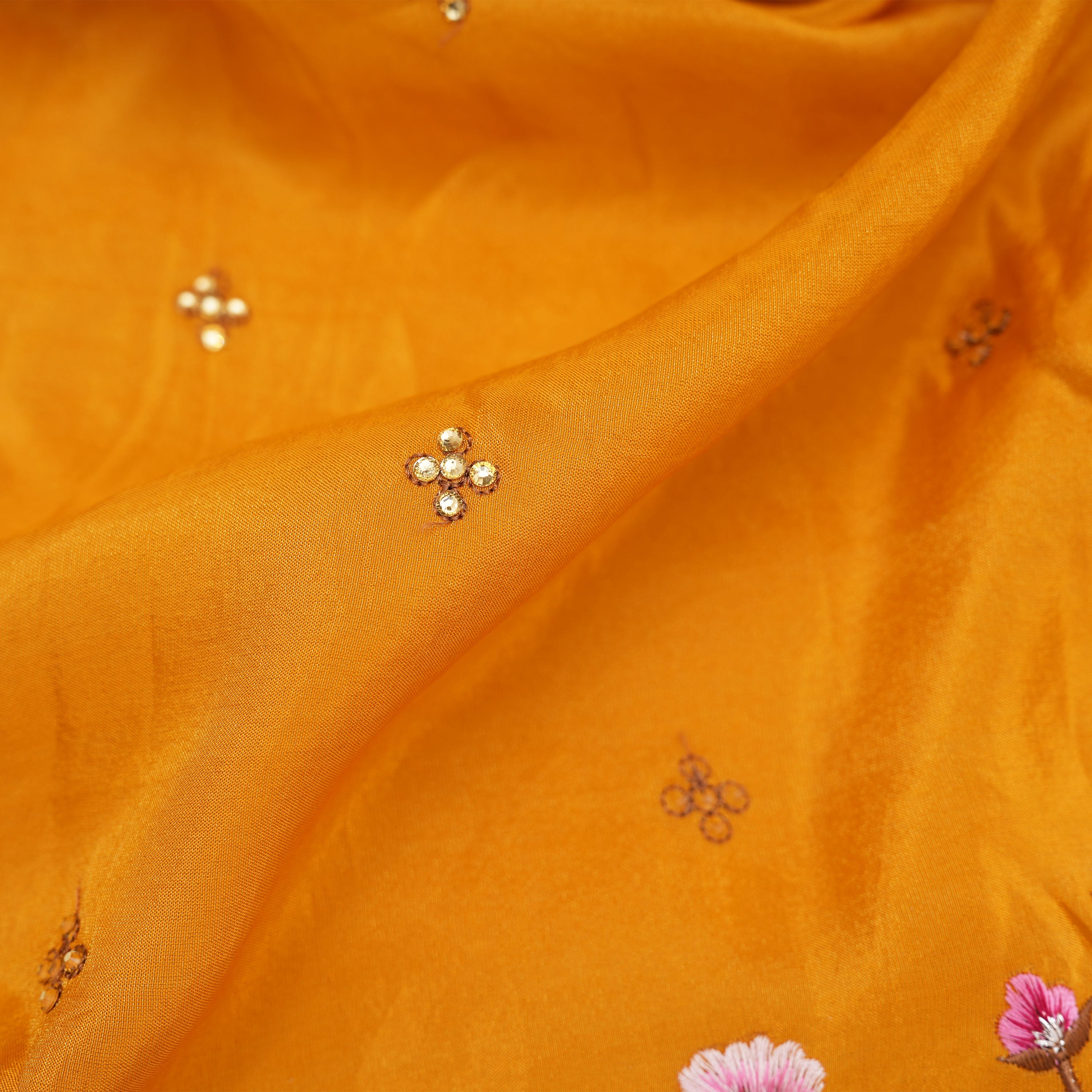 Yellowish Orange Floral Jaal Tissue Fabric