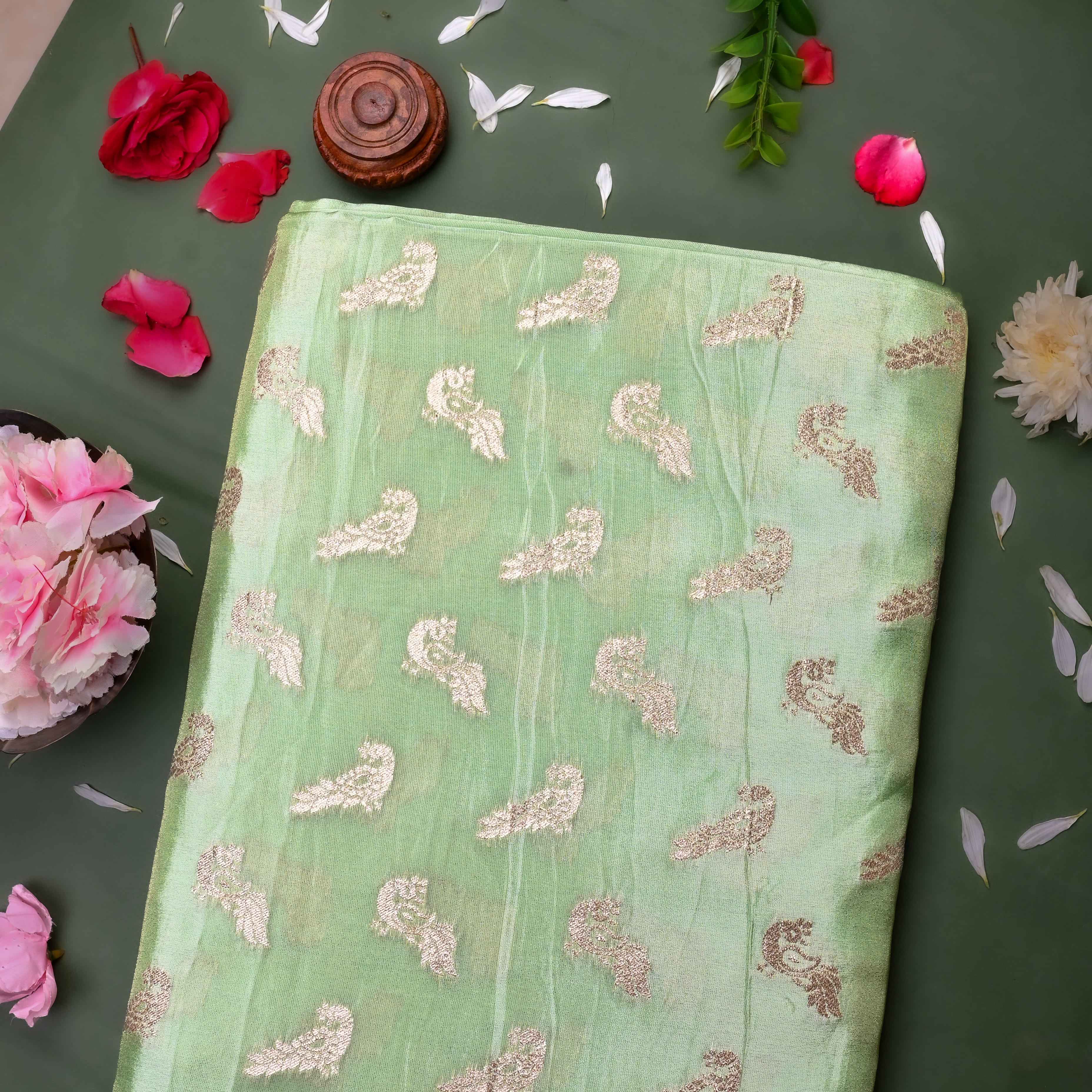 Mint Green Jamawar Tissue Fabric With Avian Weaving