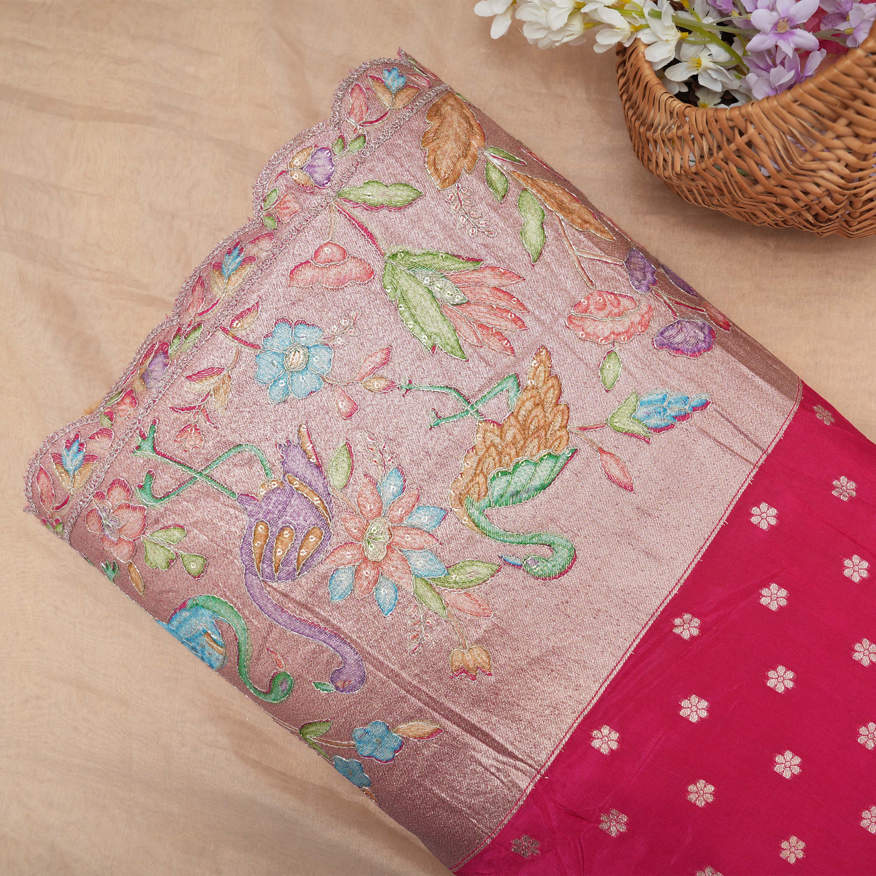 Bright Maroon Pink Jamawar Silk With Surkhaav Motif Border