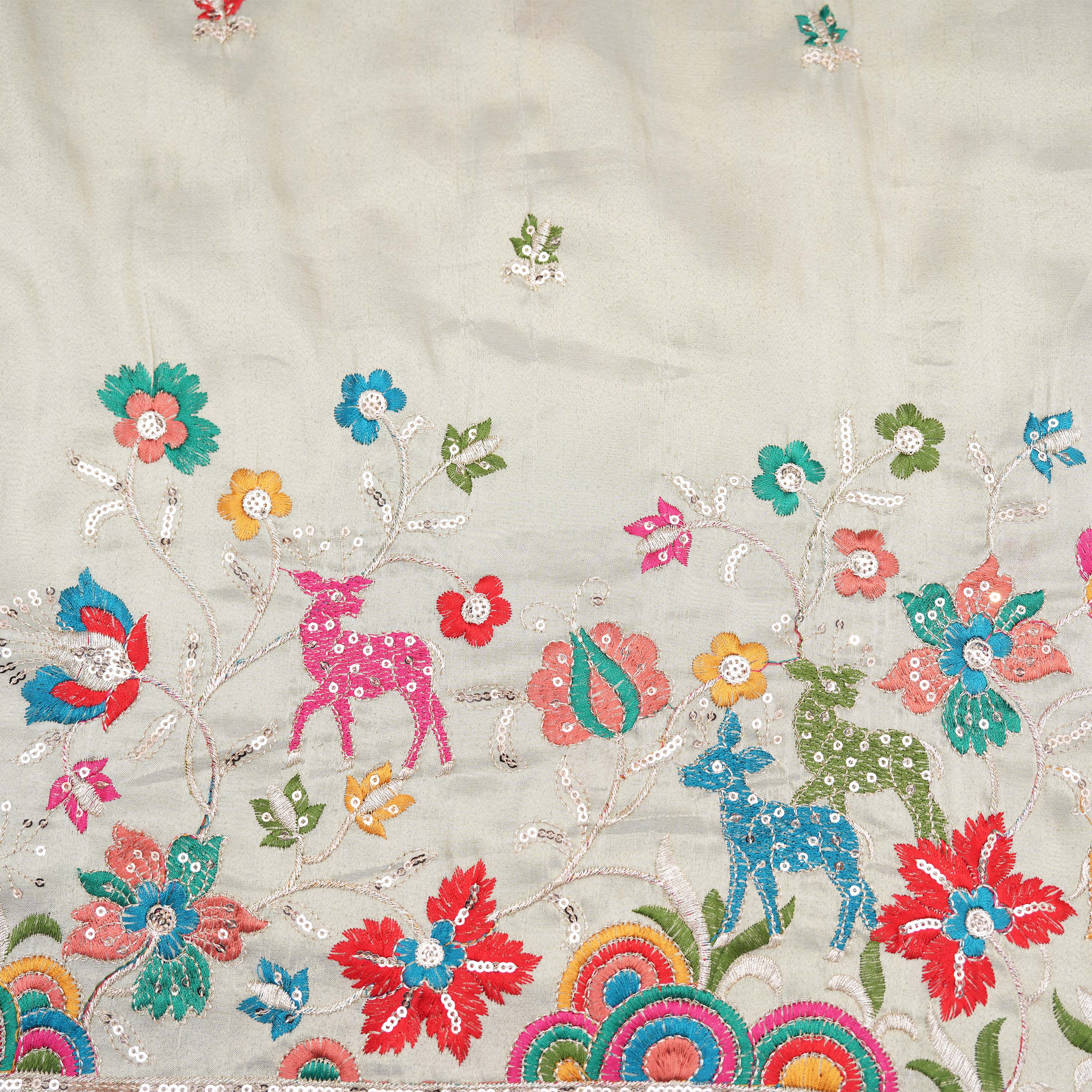 Smoked White Maan And Floral Embroiderey On Tissue Fabric