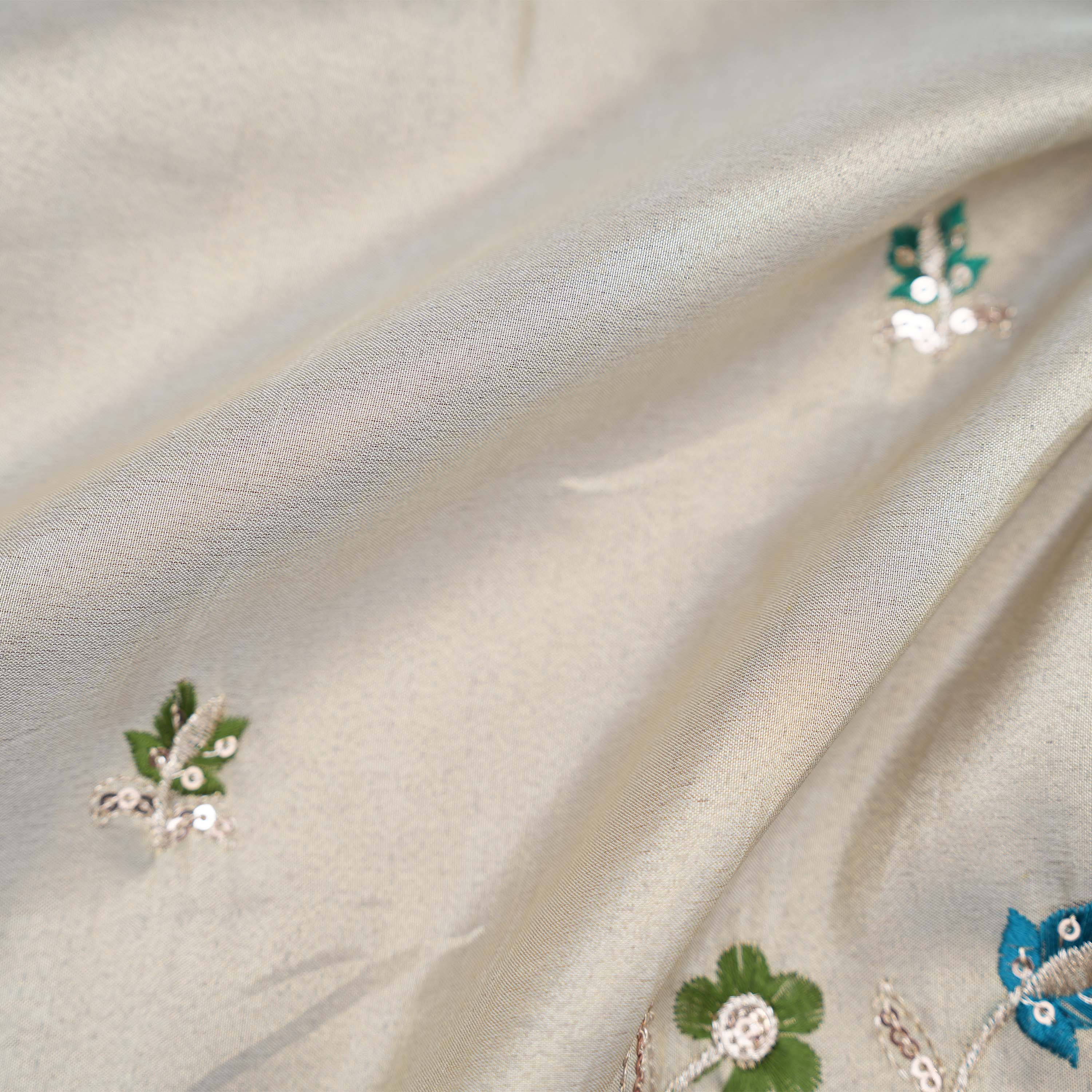 Smoked White Maan And Floral Embroiderey On Tissue Fabric