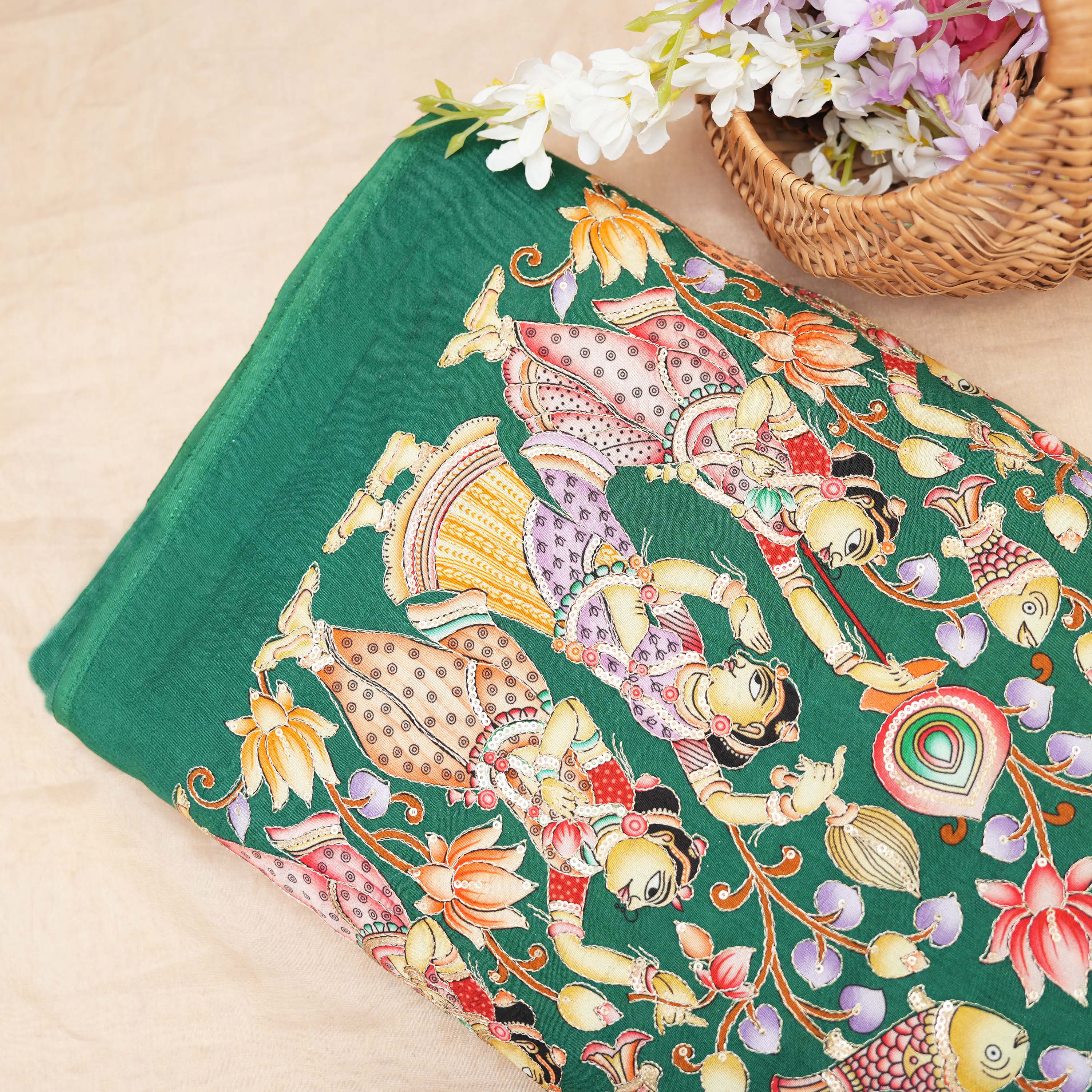 Emerald Green Pen Kalamkari On Silk Fabric