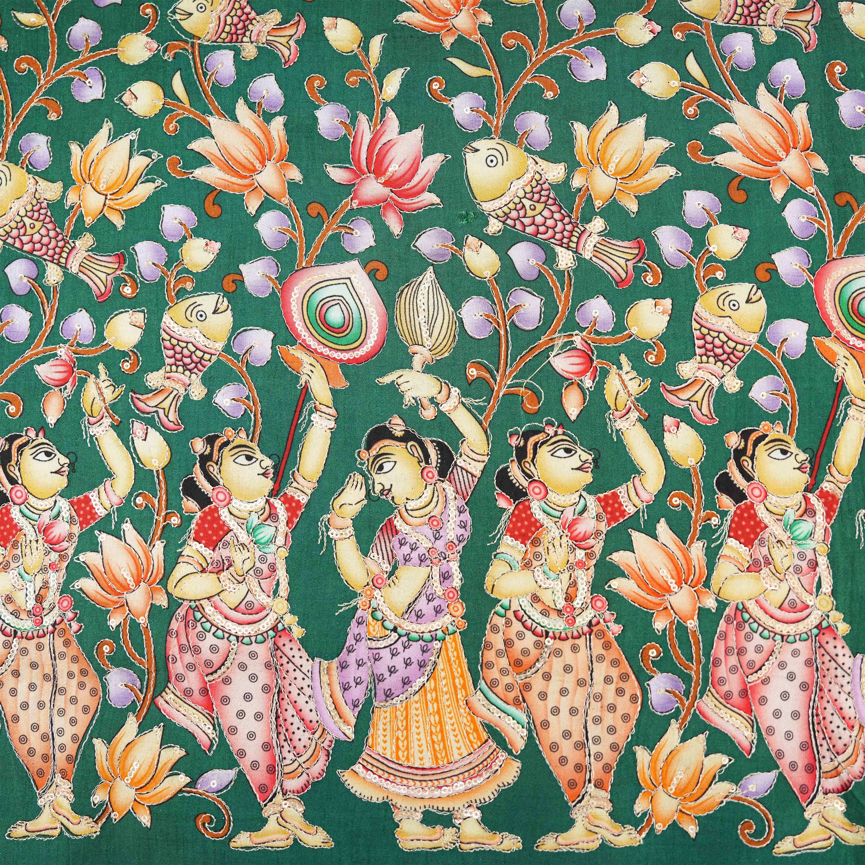 Emerald Green Pen Kalamkari On Silk Fabric