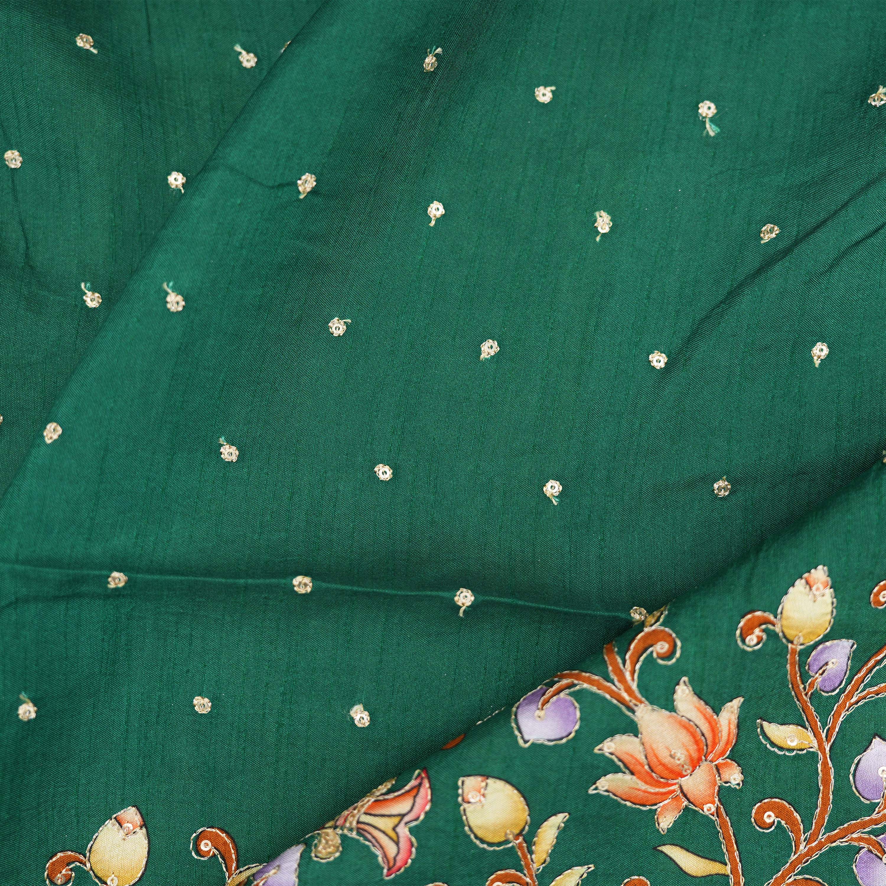 Emerald Green Pen Kalamkari On Silk Fabric