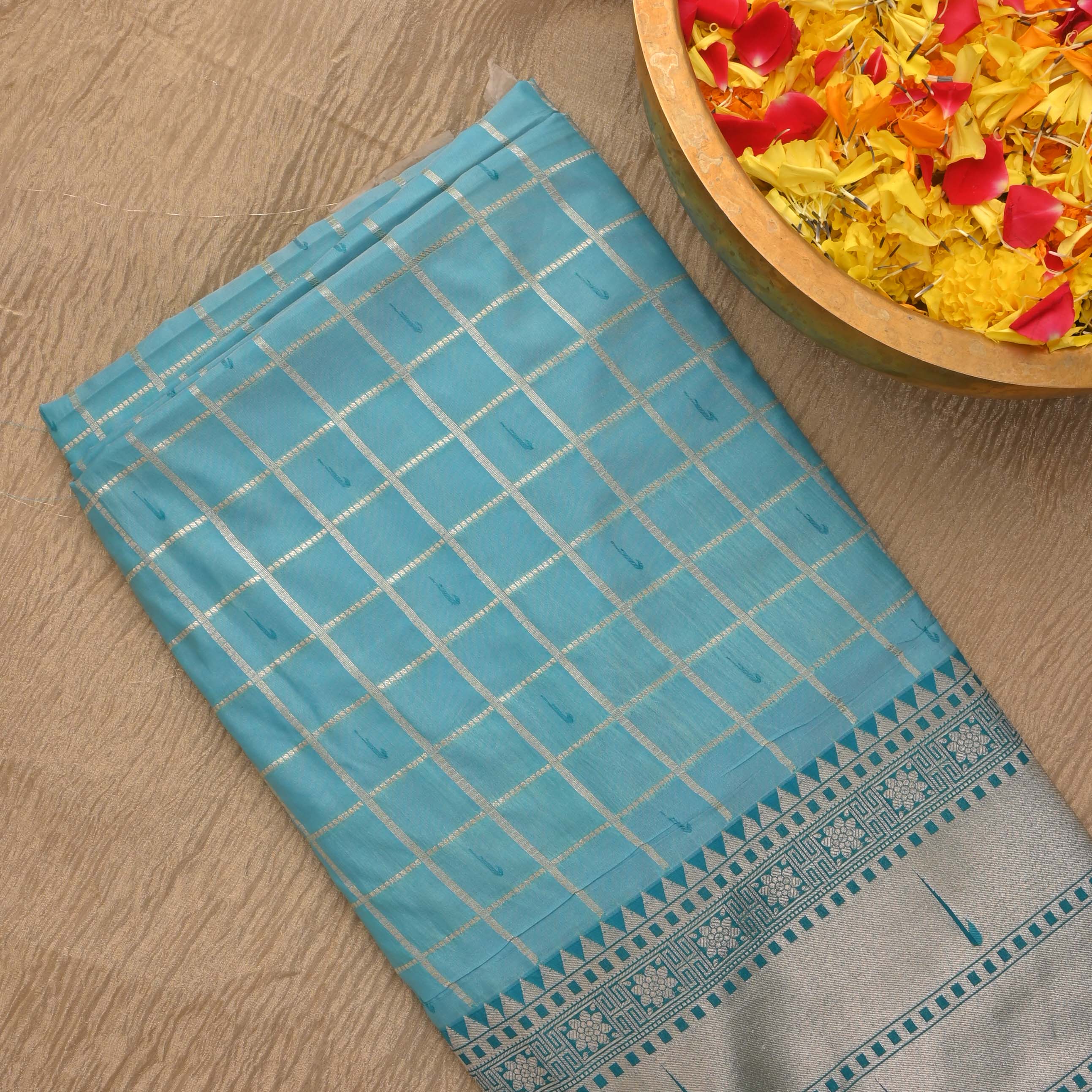 Sky Blue Checks Paithani Fabric