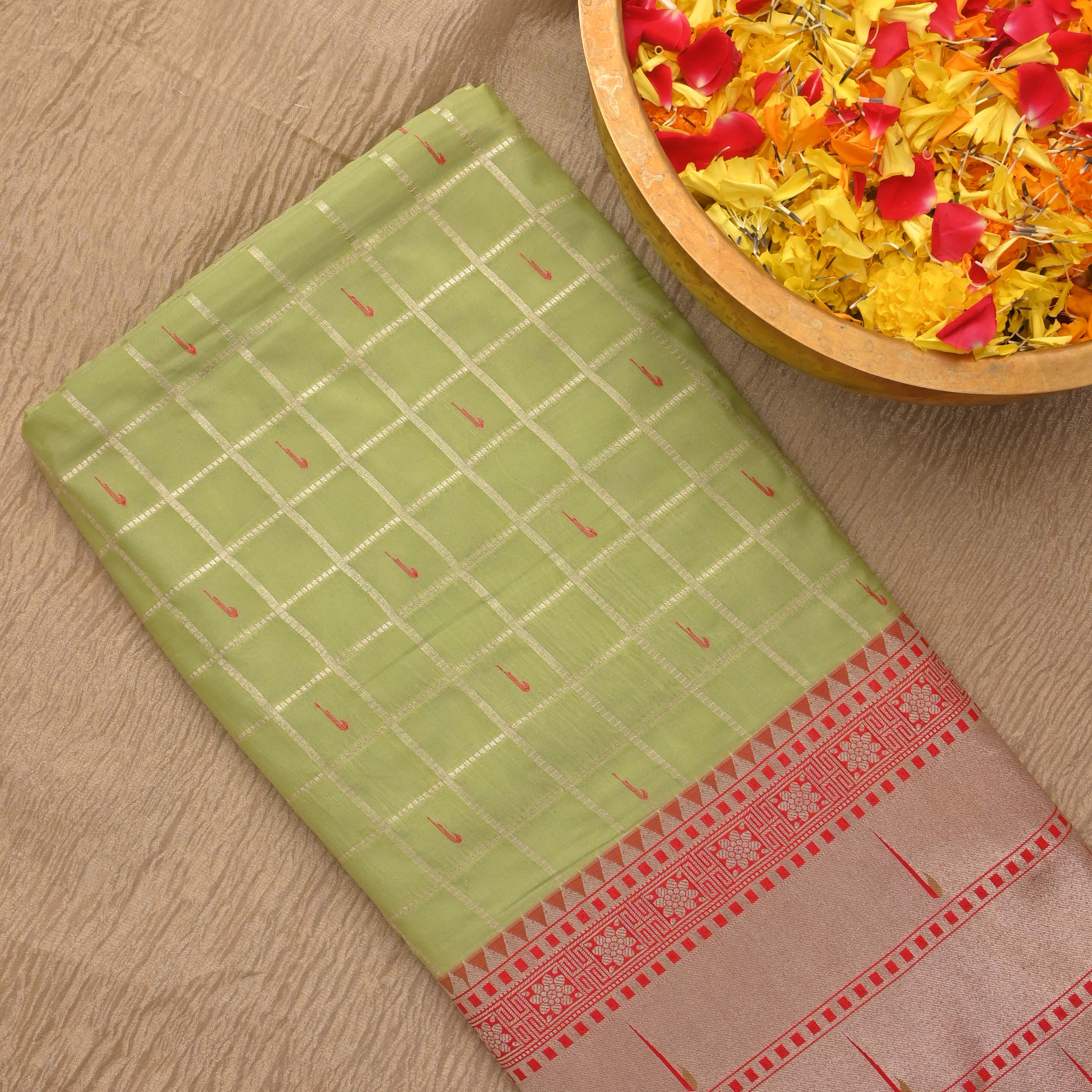 Spring Green Checks Paithani Fabric