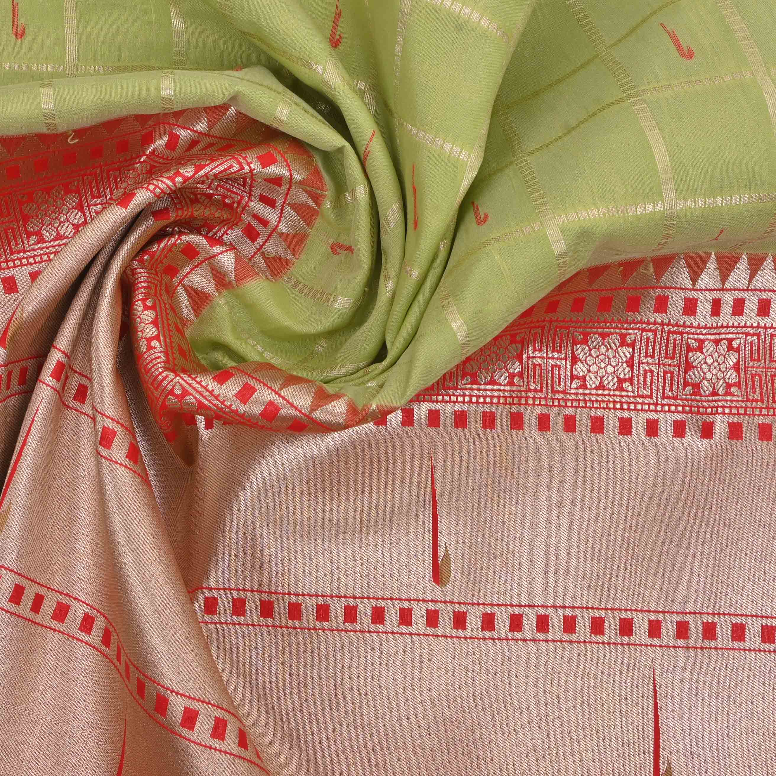 Spring Green Checks Paithani Fabric