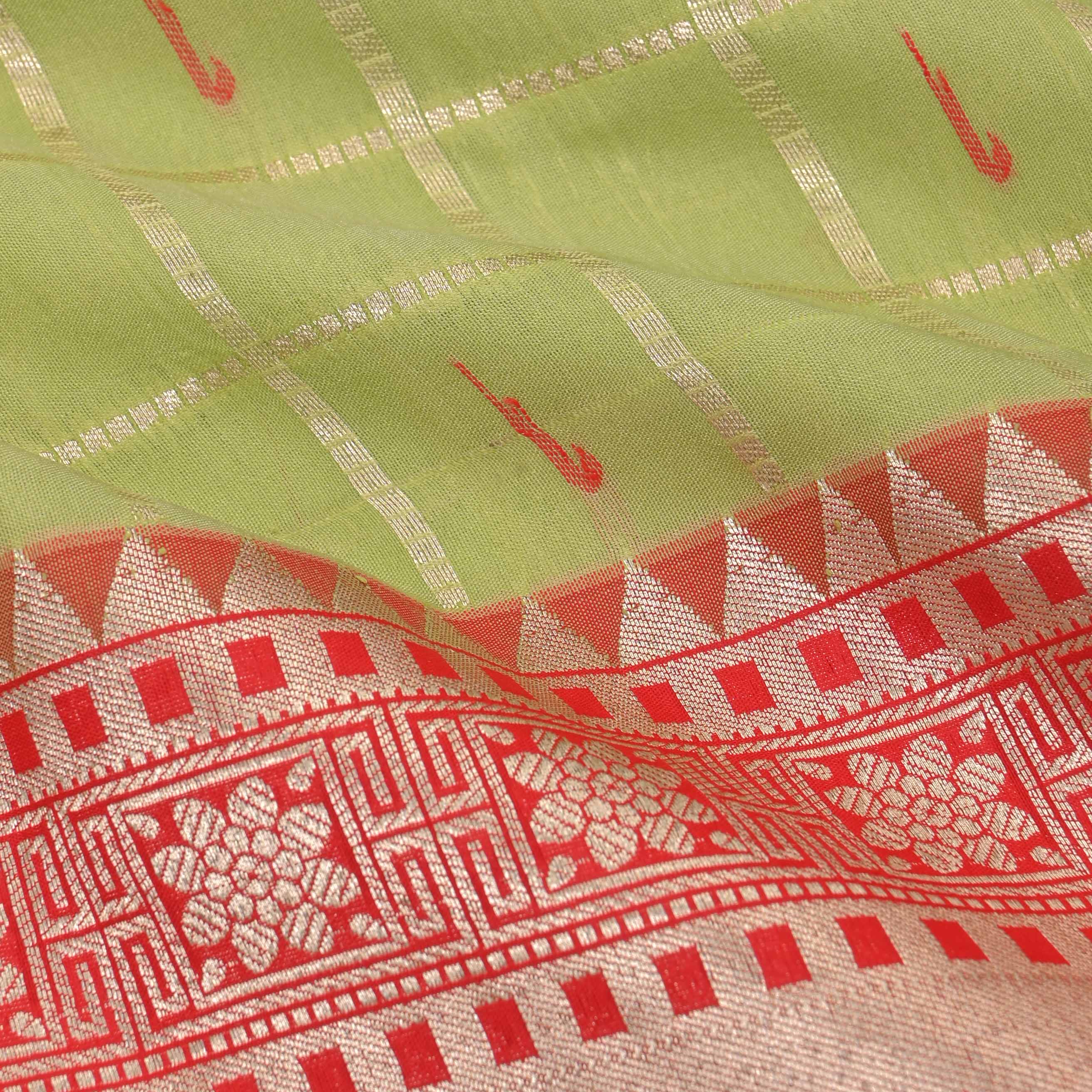 Spring Green Checks Paithani Fabric