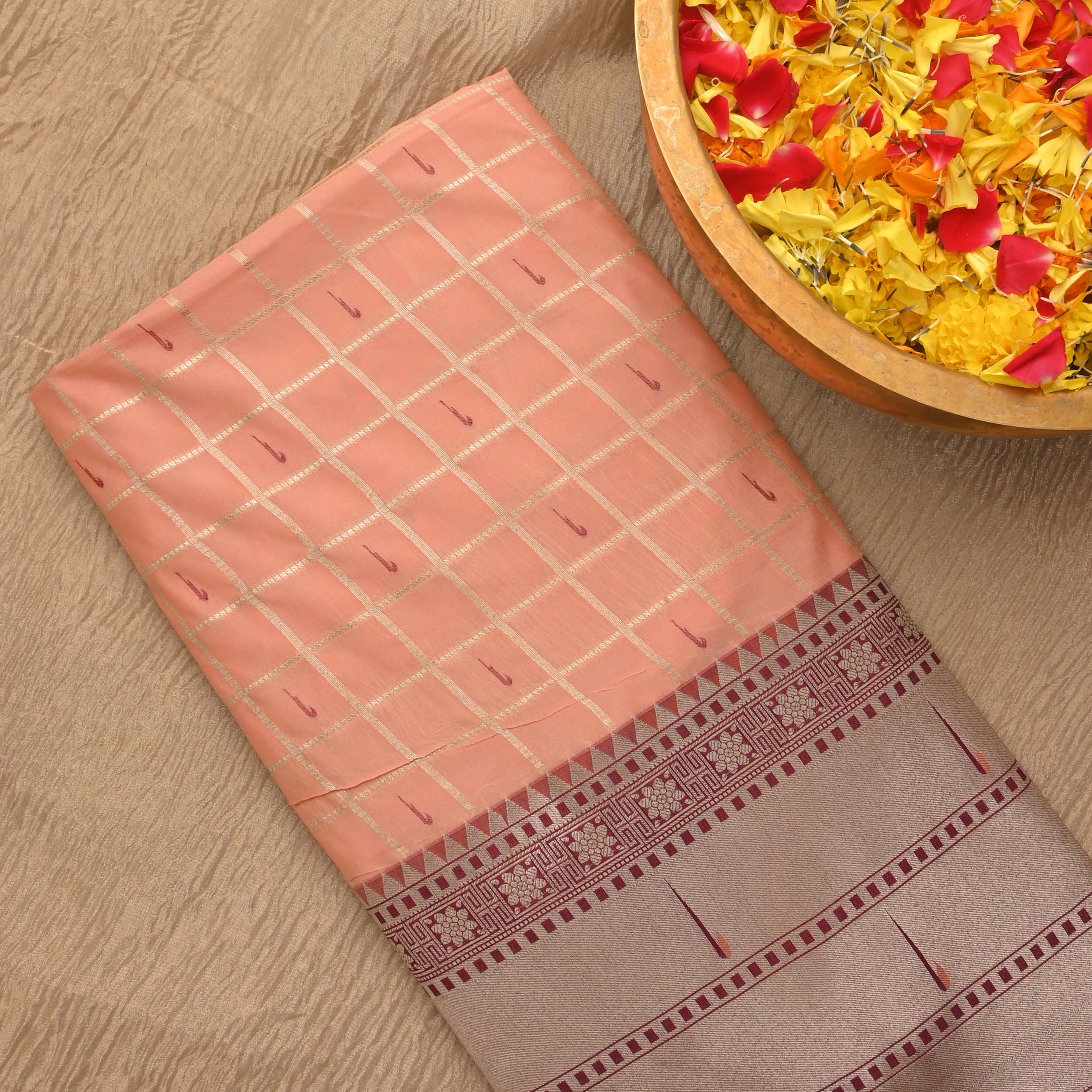 Bright Peach Checks Paithani Fabric