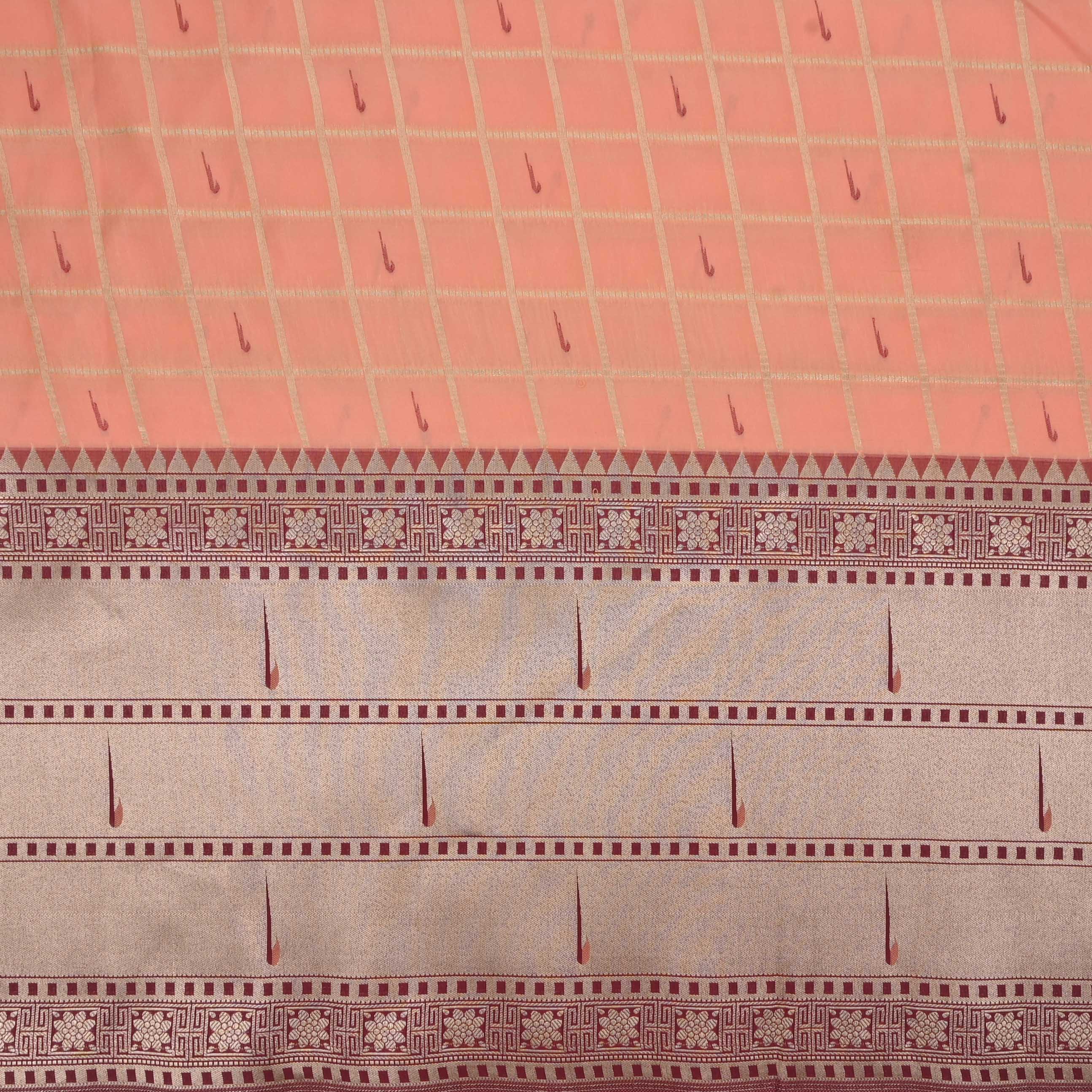 Bright Peach Checks Paithani Fabric