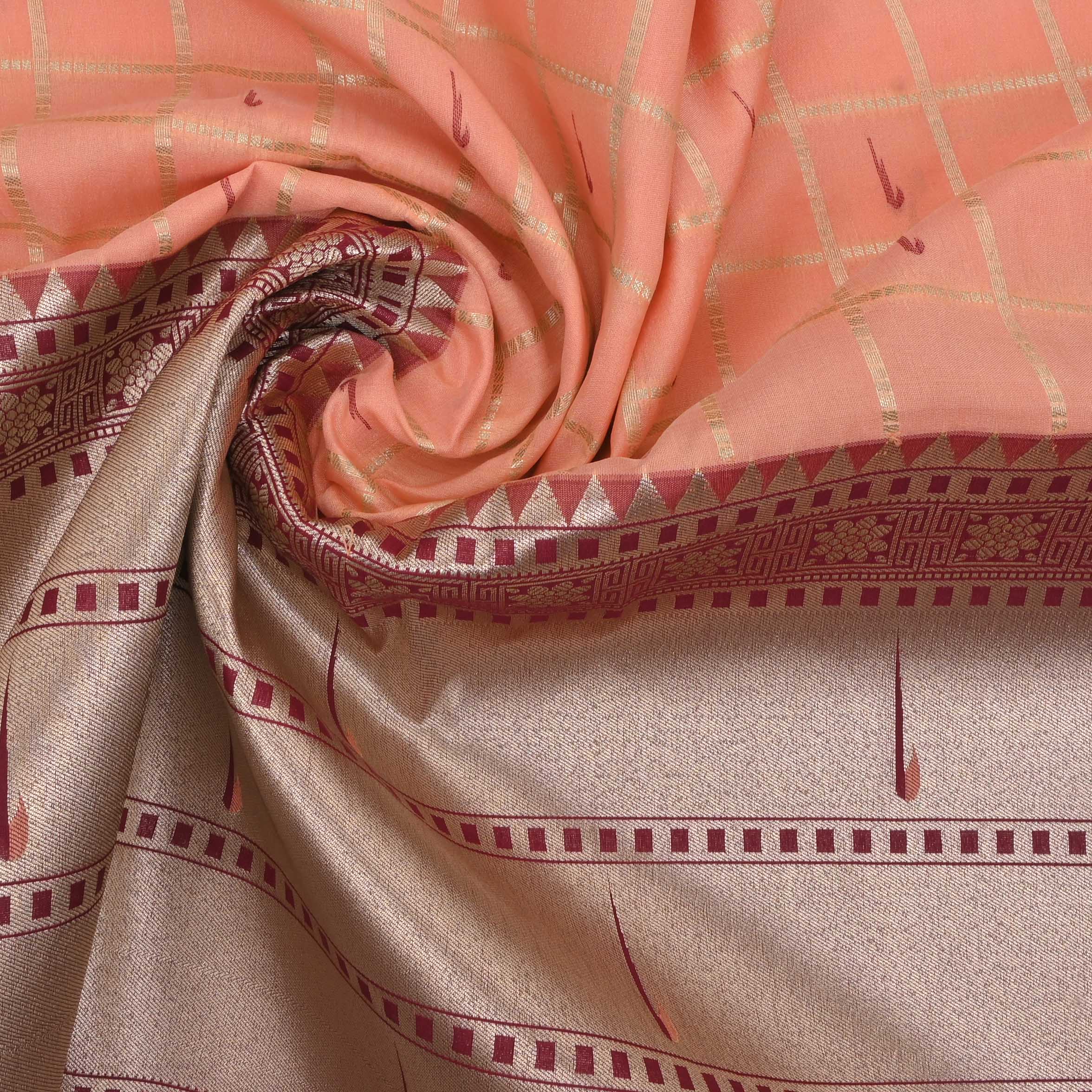 Bright Peach Checks Paithani Fabric