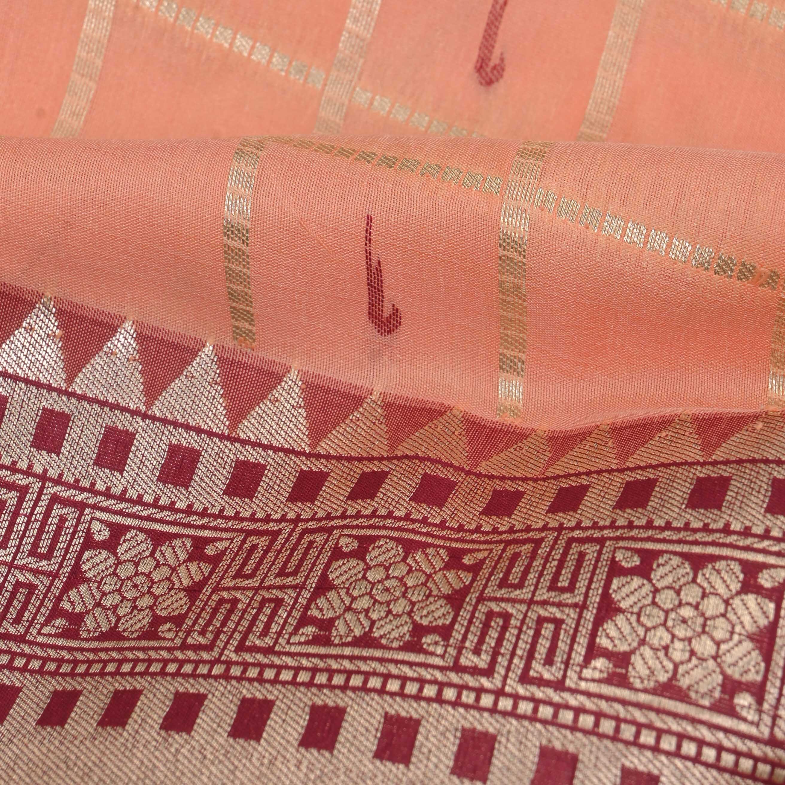 Bright Peach Checks Paithani Fabric
