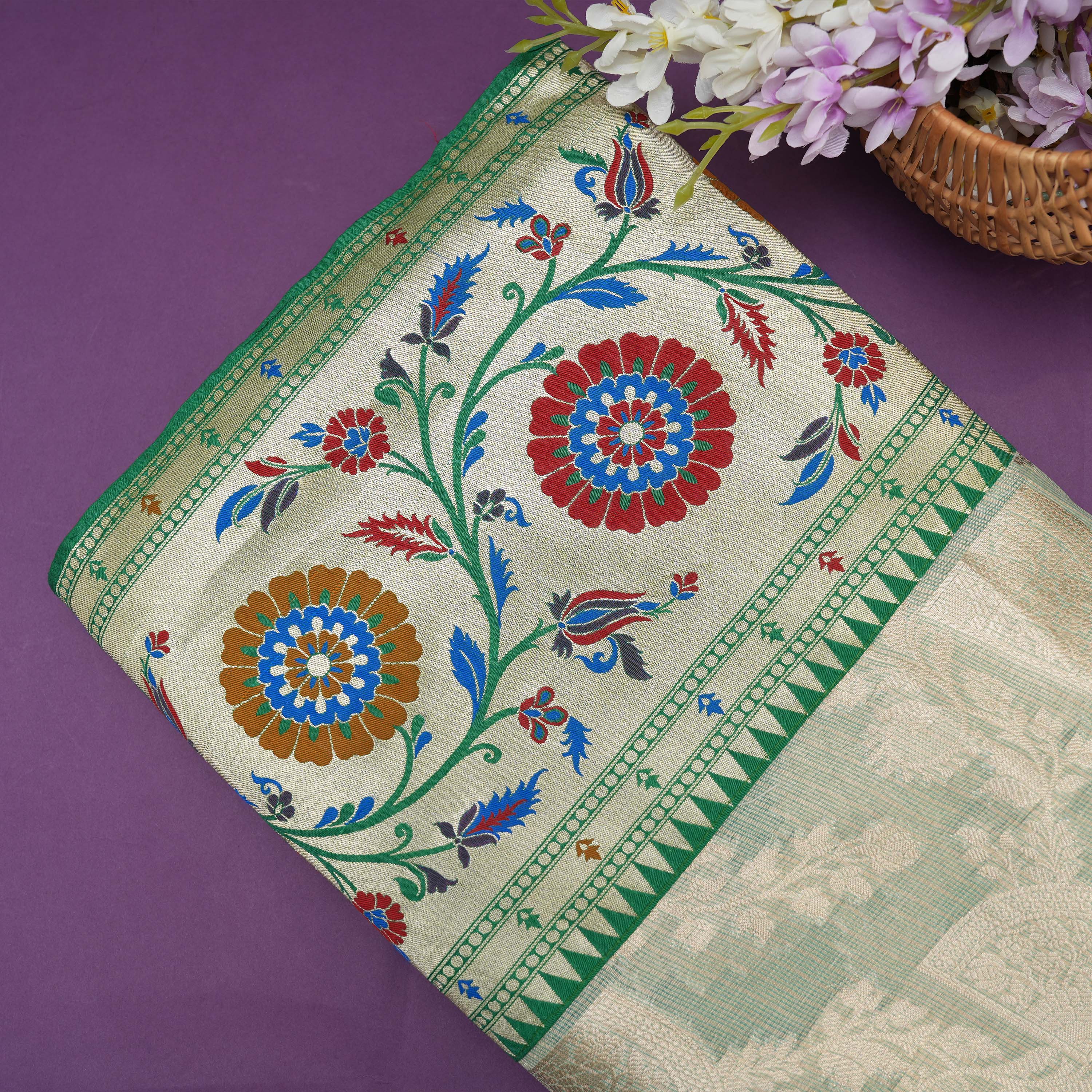 Grayish Green Colorful Floral Jaal Border On Tissue Fabric