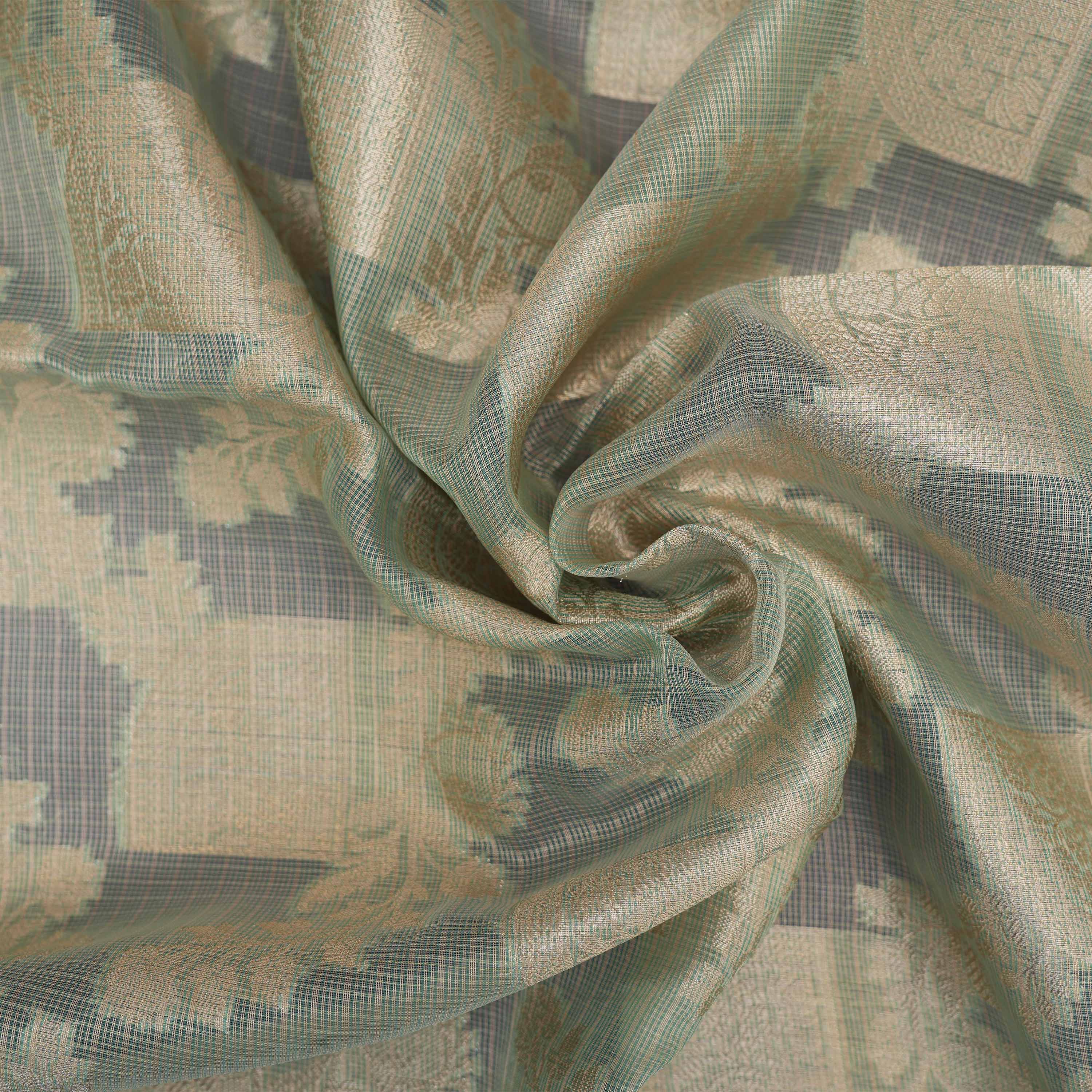 Grayish Green Colorful Floral Jaal Border On Tissue Fabric